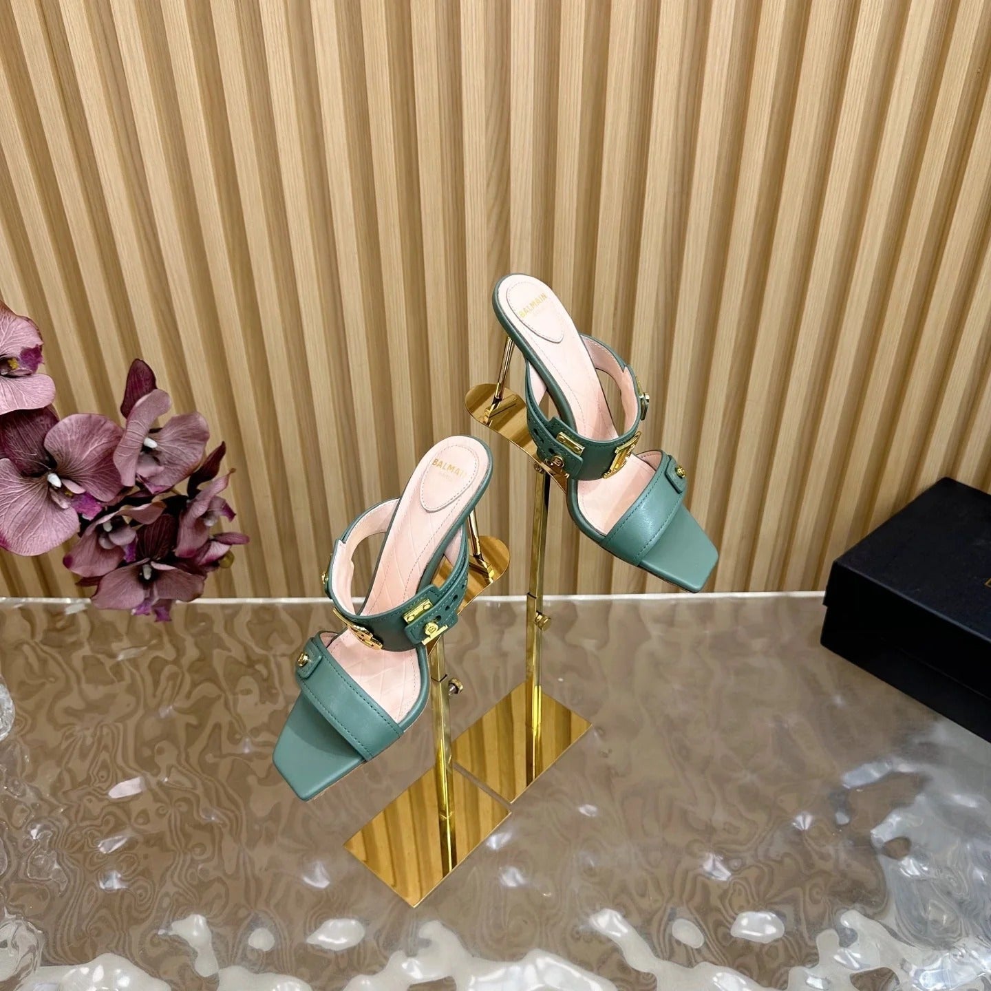BALMAIN 25S MULES IN STRIPED LEATHER 95MM IN DUSTY GREEN CALFSKIN GOLD HARDWARE