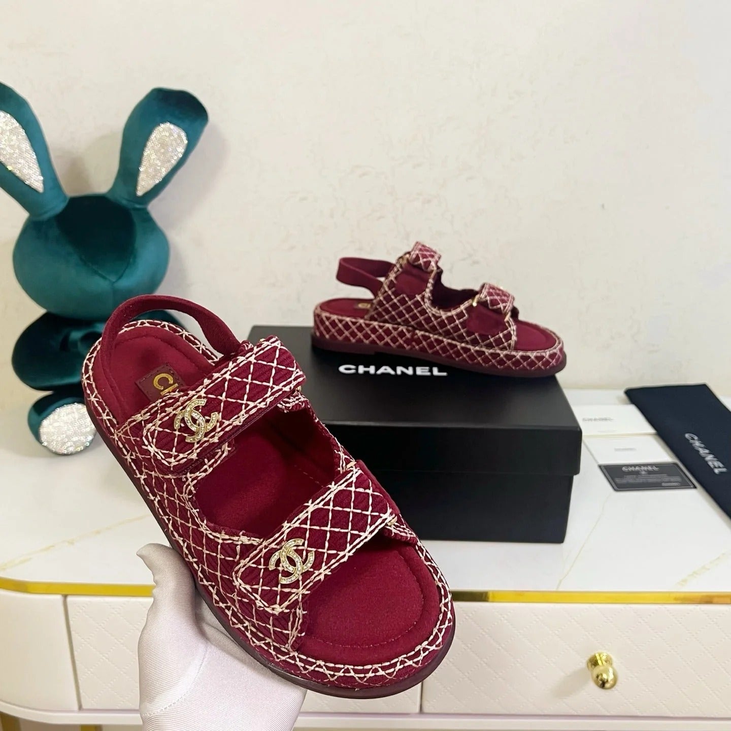 Chanel 2026 Velcro Sandals CC Logo Details Tweed Sheepskin 779368