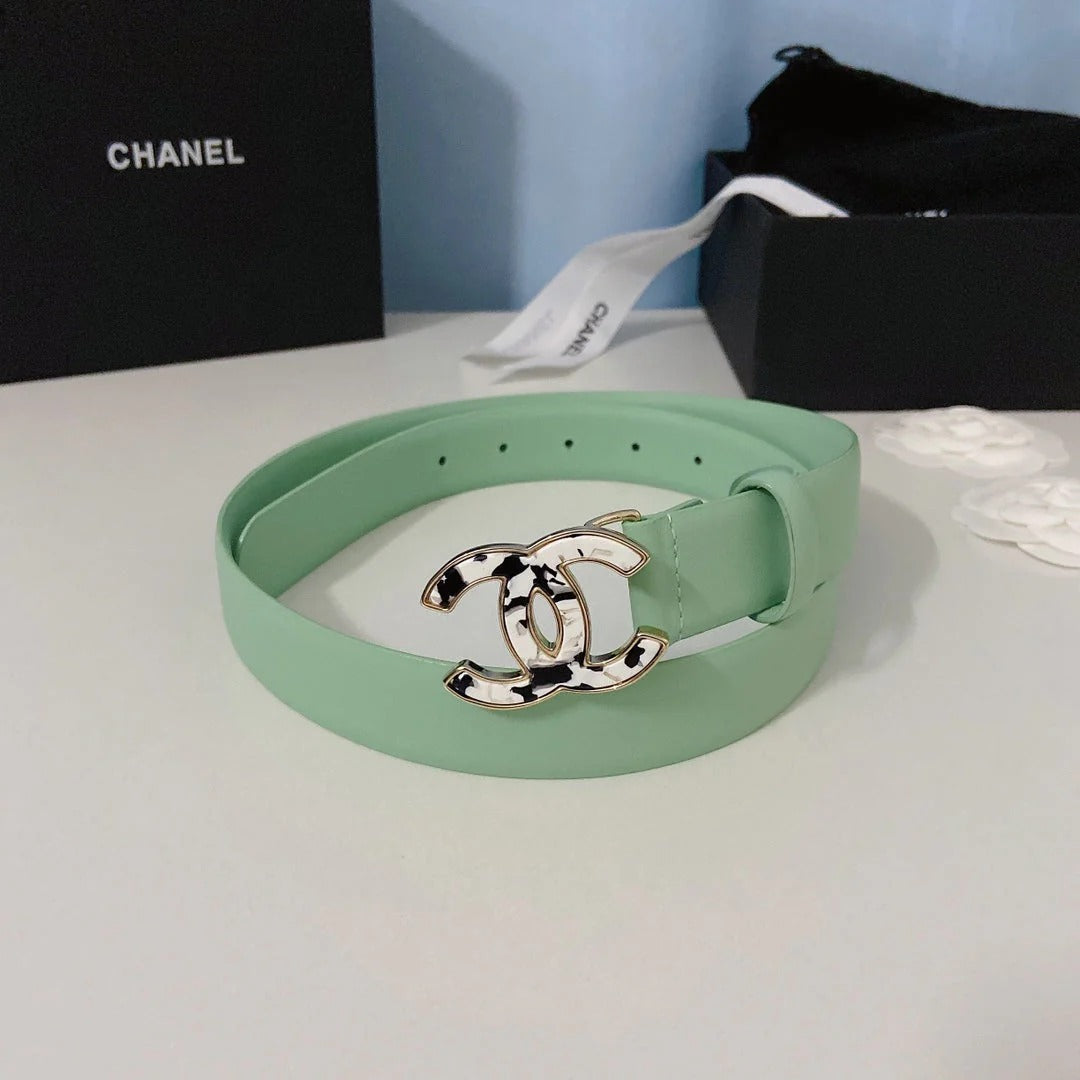 CC Women's Belt 3.0CM Light Green Cowhide White Black Buckle 597644