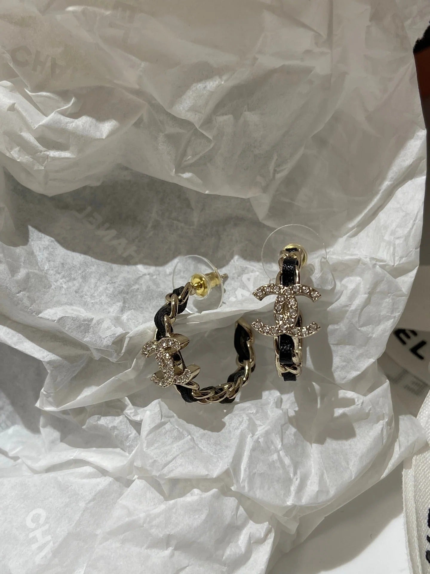 CC Half Circle Gold Black Leather Earrings