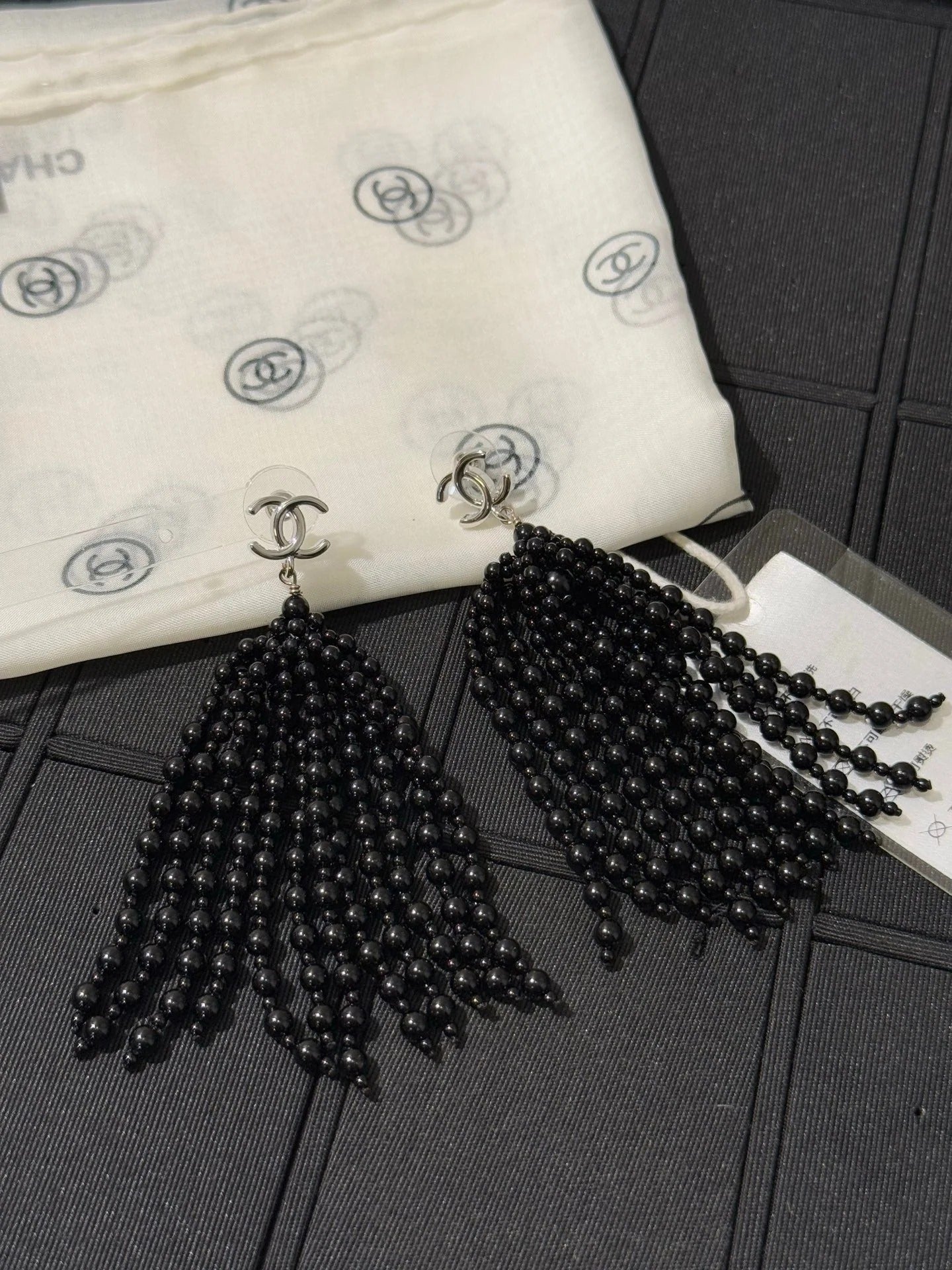 Chanel 2026 Black Beaded Tassel Earrings with Gold Double C Long Earrings
