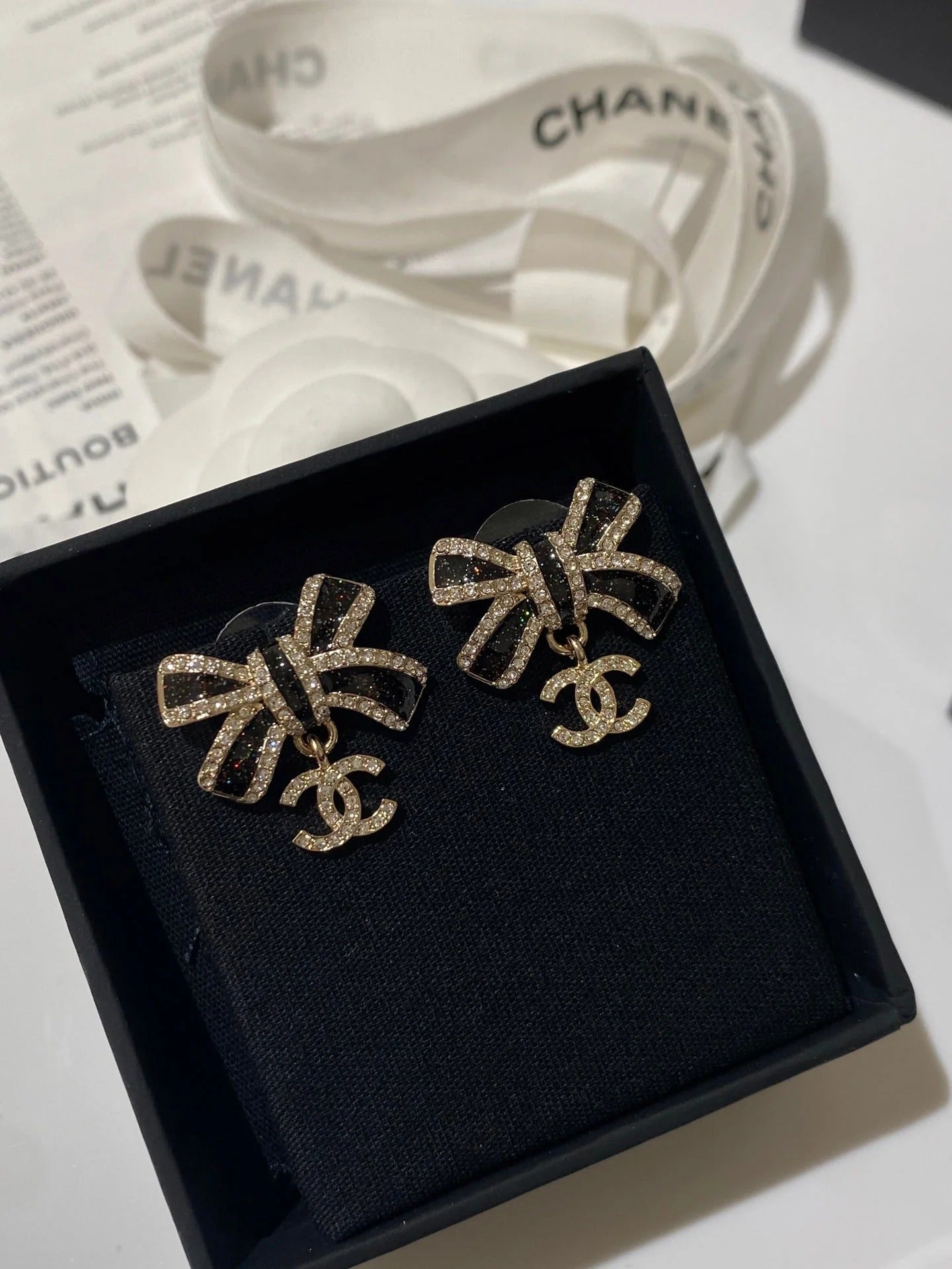 CC Crystals Black Enamel Bow Gold Earrings