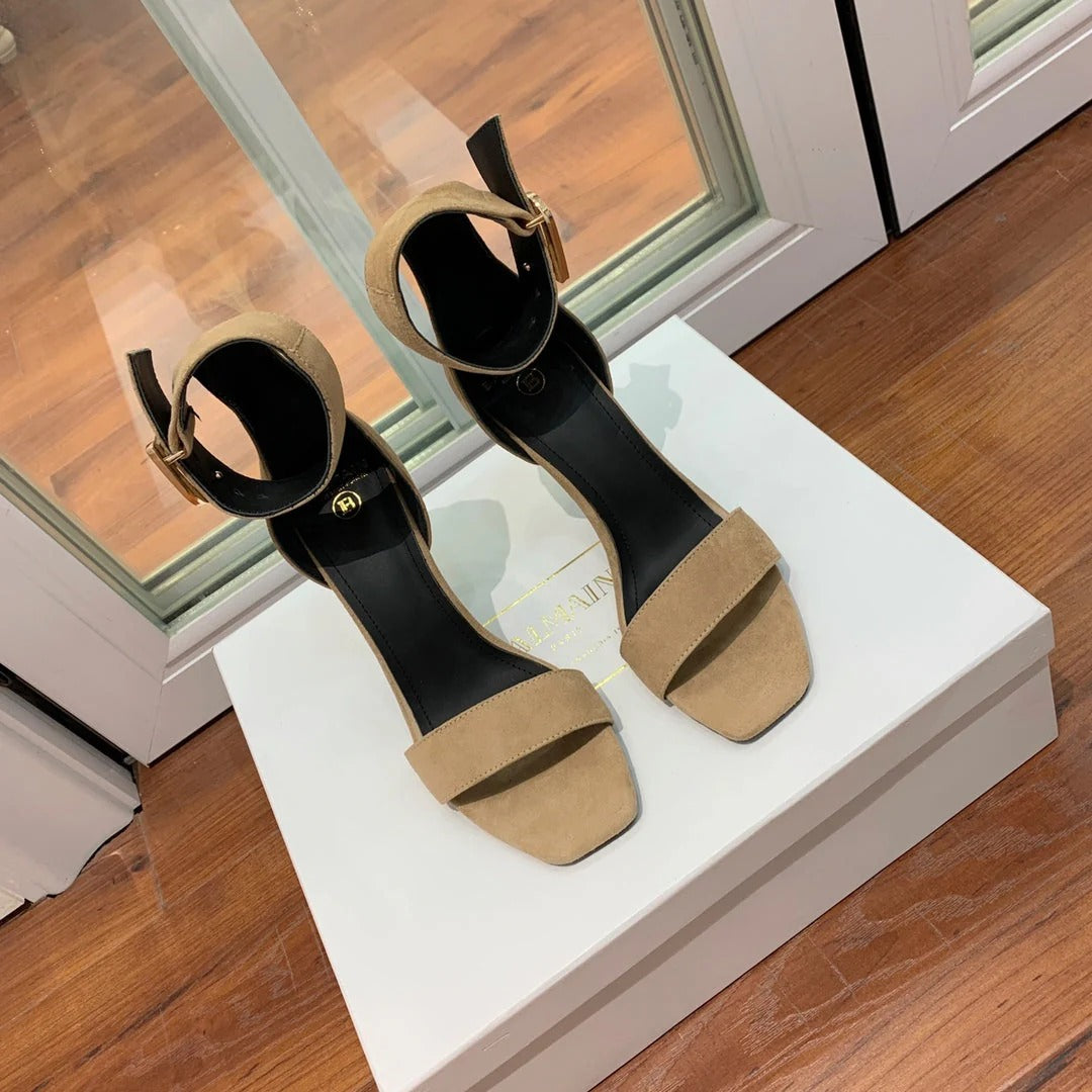 BALMAIN 25S THIN STRAP HIGH HEELS 105MM IN LIGHT MOCHA SUEDE GOLD HARDWARE
