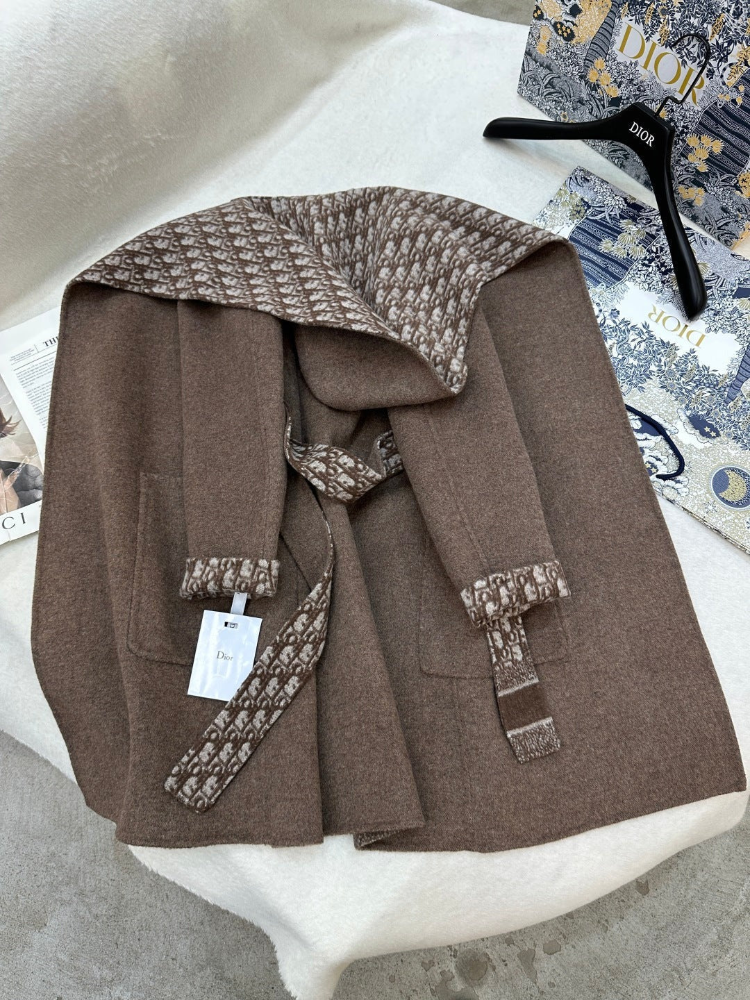 DIOR HOODED COAT IN DARK BROWN WOOL