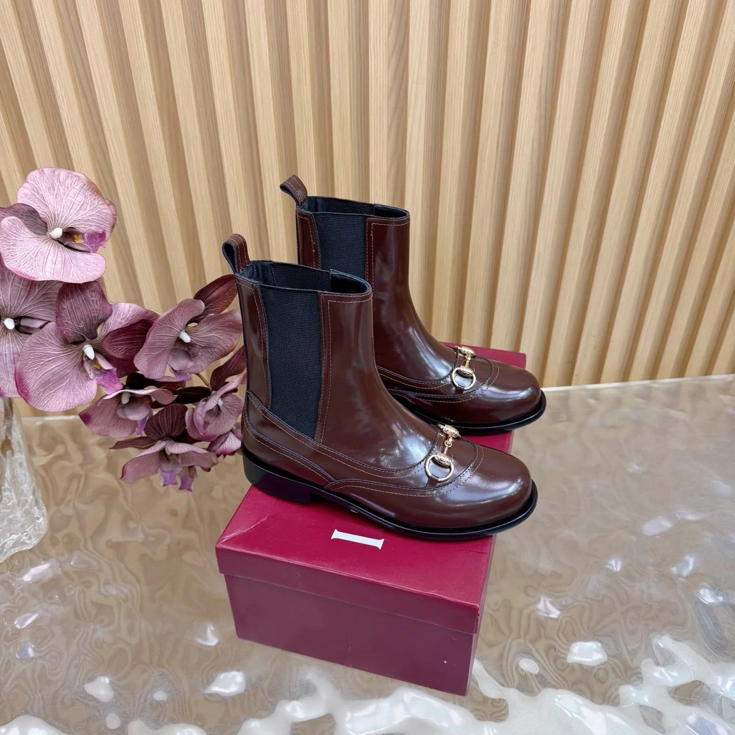 GG 26 Horsebit Martens Boots Glossy Brown Sheepskin 589467