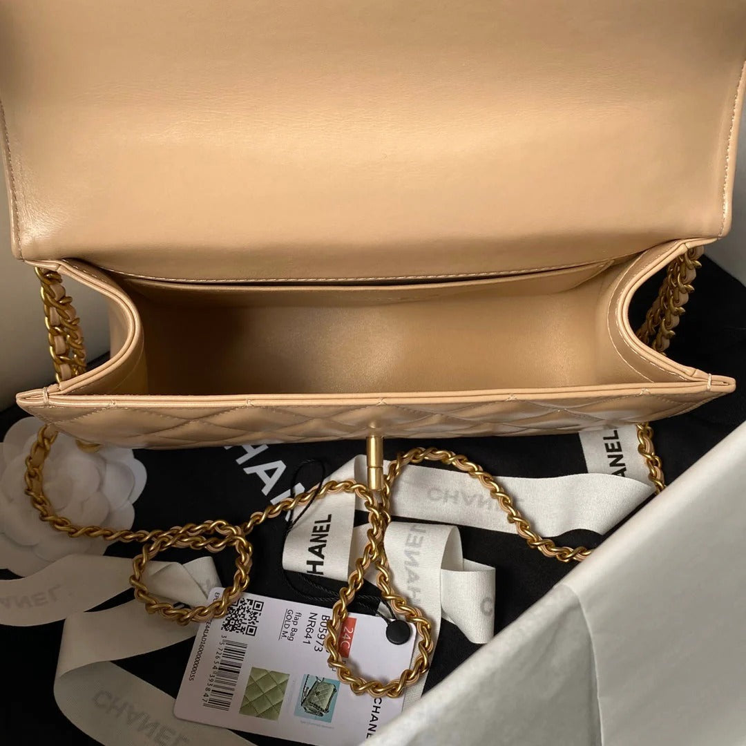 CHANEL 25S MINI FLAP BAG 22 IN TAN BROWN CALFSKIN GOLD HARDWARE