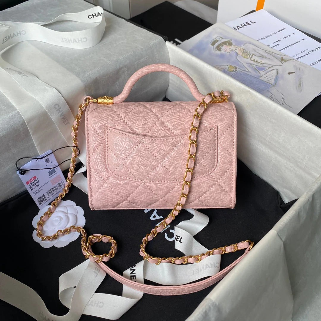 CC  25S FLAP BAG 18 CM IN LIGHT PINK GRAINED LAMBSKIN WITH TOP HANDLE