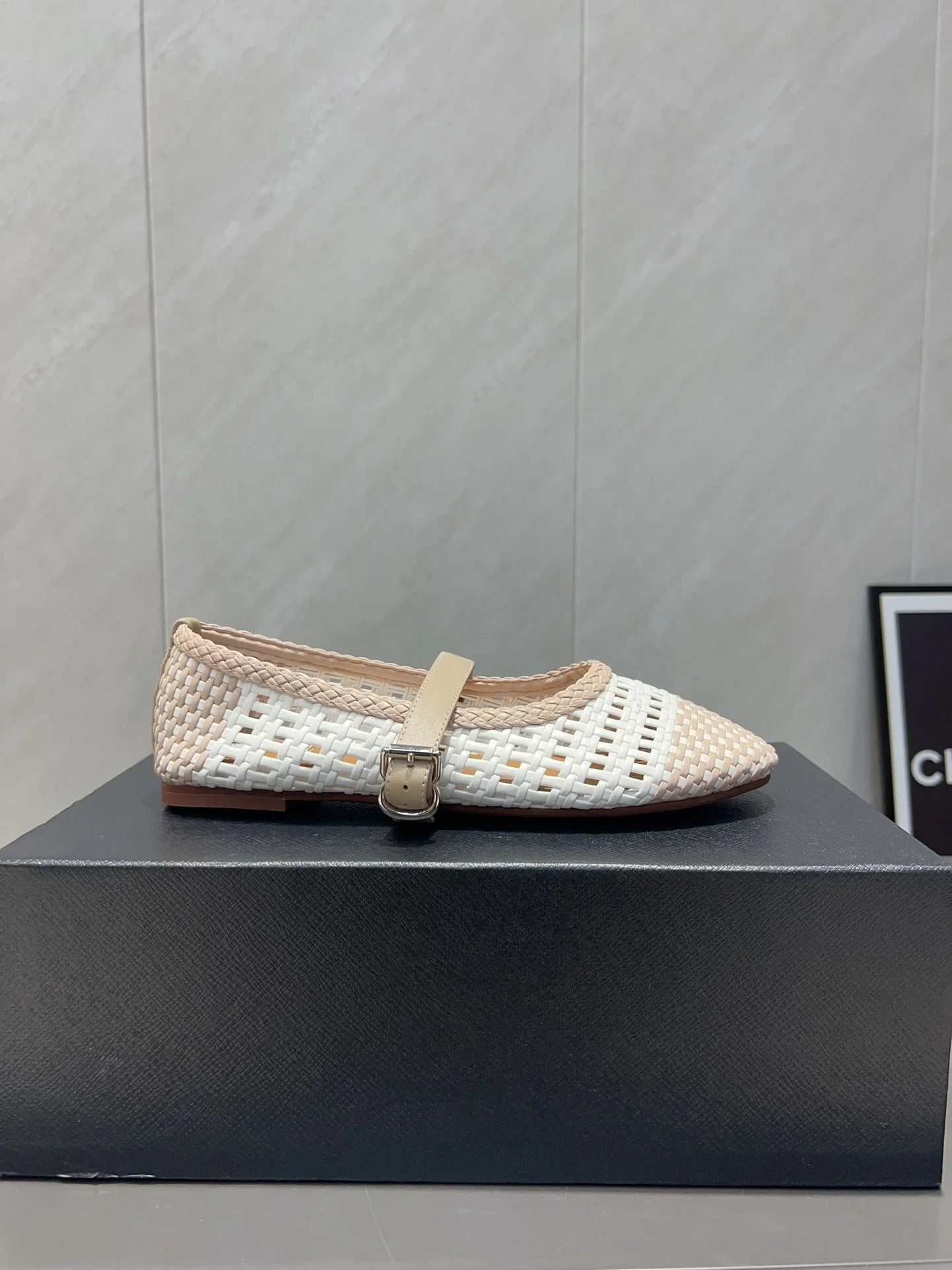 Alaia Mary Jane Flats Woven Pattern 25s In White Mix Light Beige Calfskin