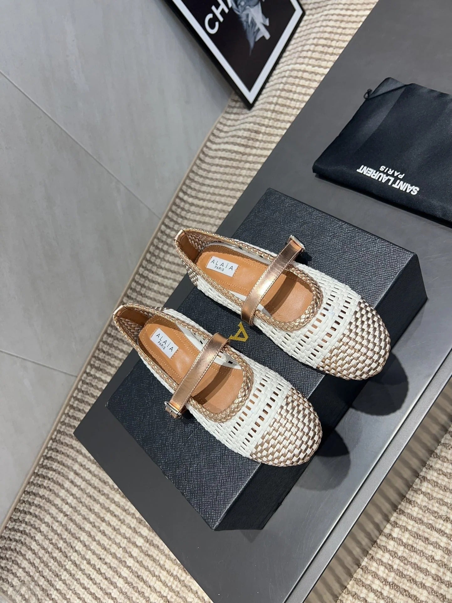 Alaia Mary Jane Flats Woven Pattern 25s In White Mix Caramel Brown Calfskin