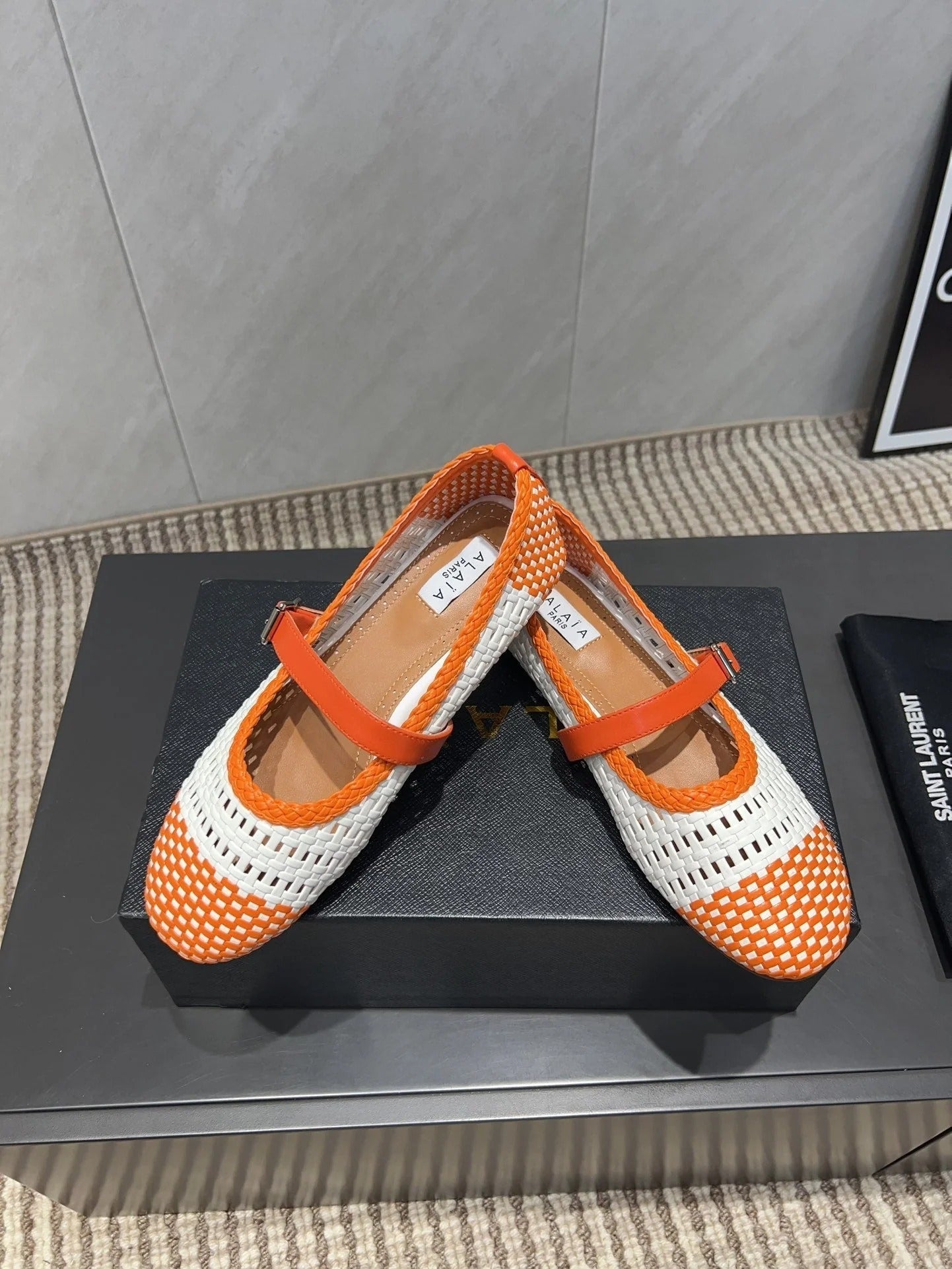 Alaia Mary Jane Flats Woven Pattern 25s In White Mix Orange Calfskin