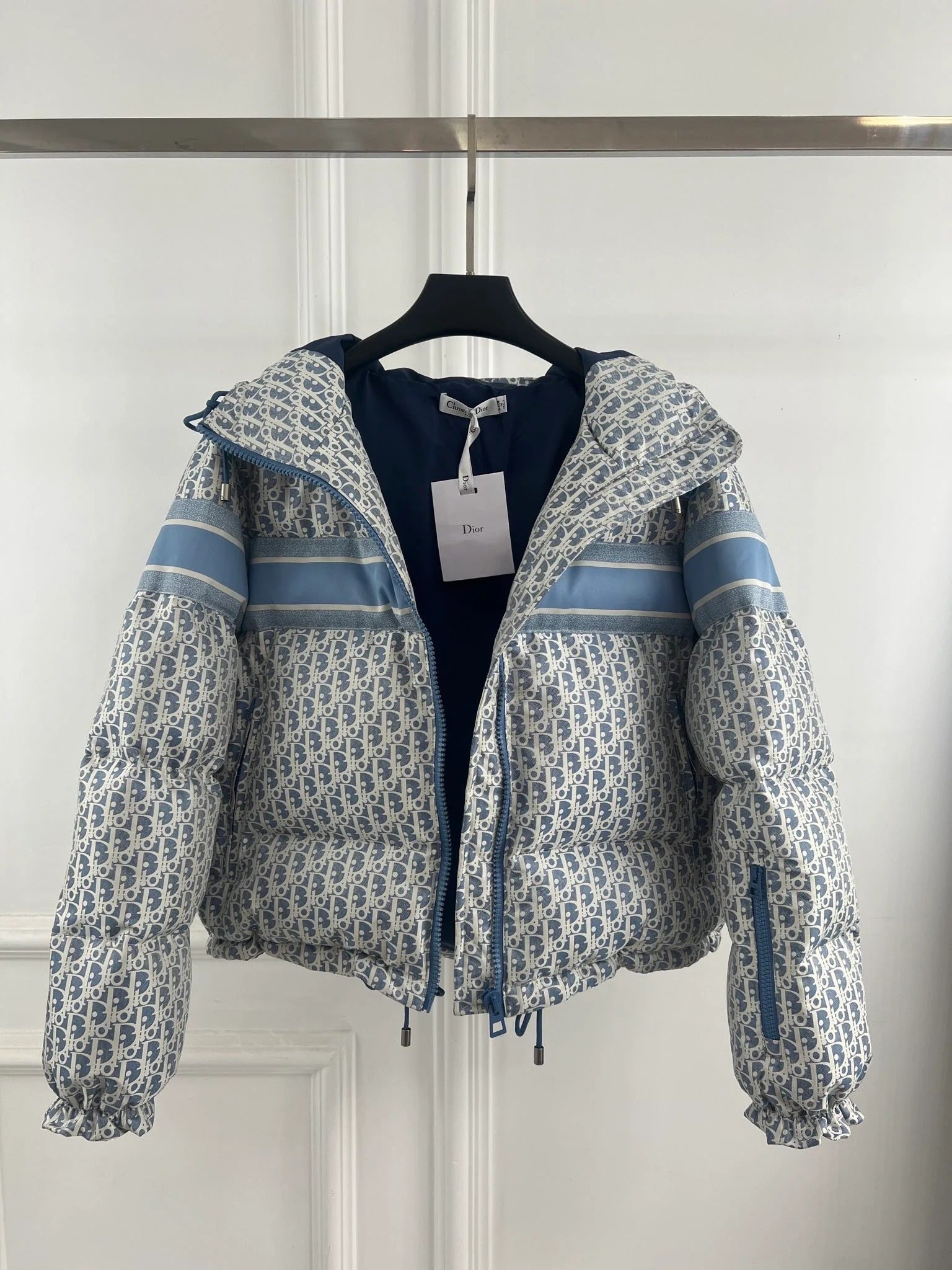 Dior 2026 Oblique Cropped Puffer Jacket Blue White Polyester Down