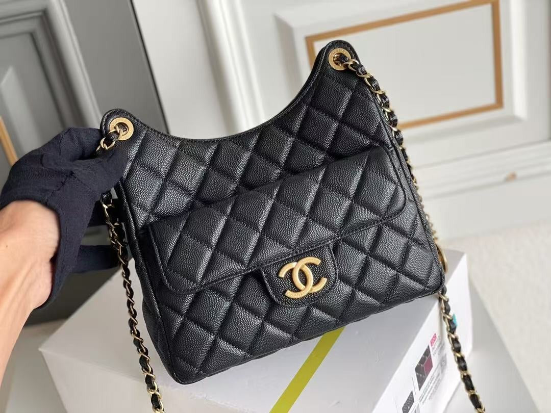 Chanel Hobo Bag Black Gold Calfskin