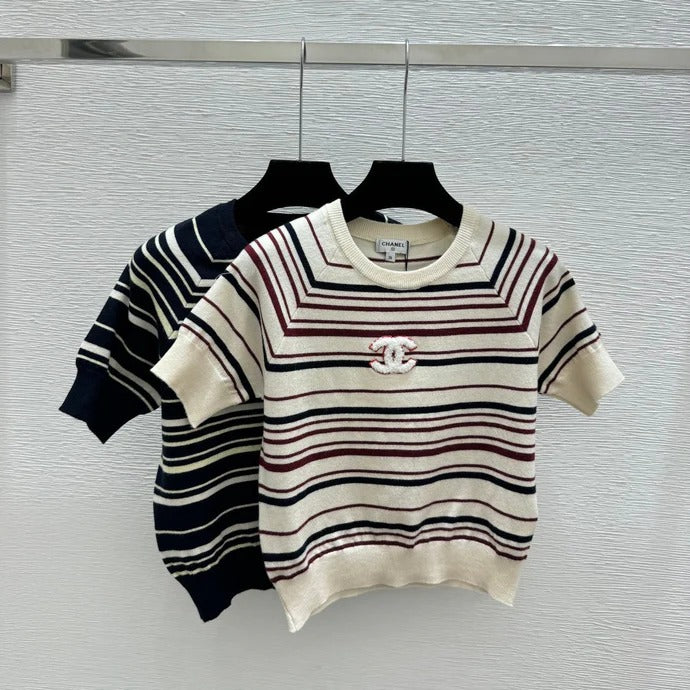 Chanel 2026 Short-sleeve Sweater Cream and Navy Blue Wool Polyester