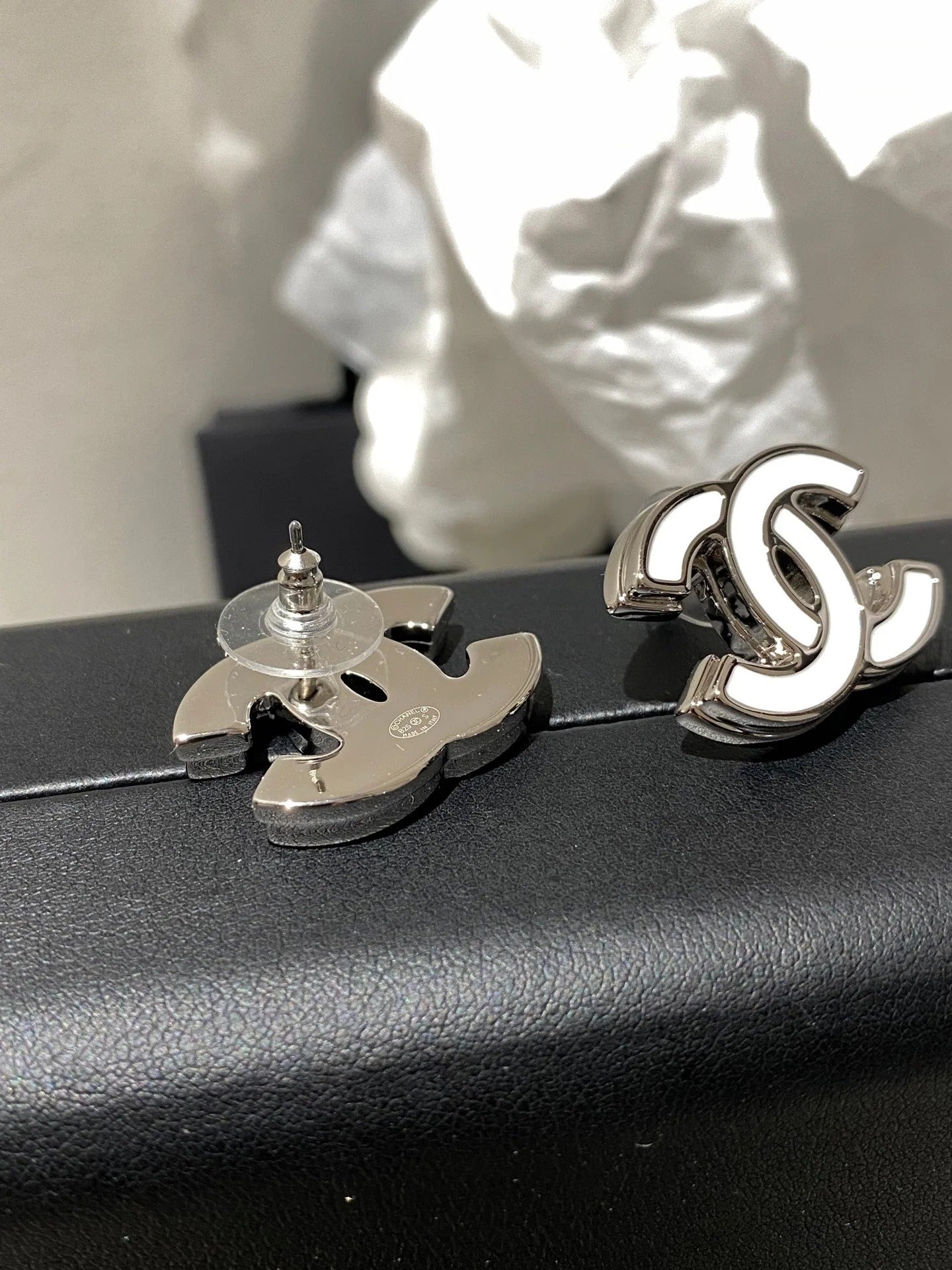 CC Classic White Sliver Enamel Double C Earrings