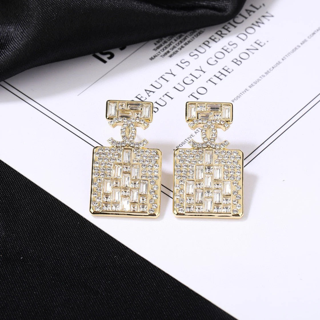 CC Perfume Bottle Gold Diamond Earrings