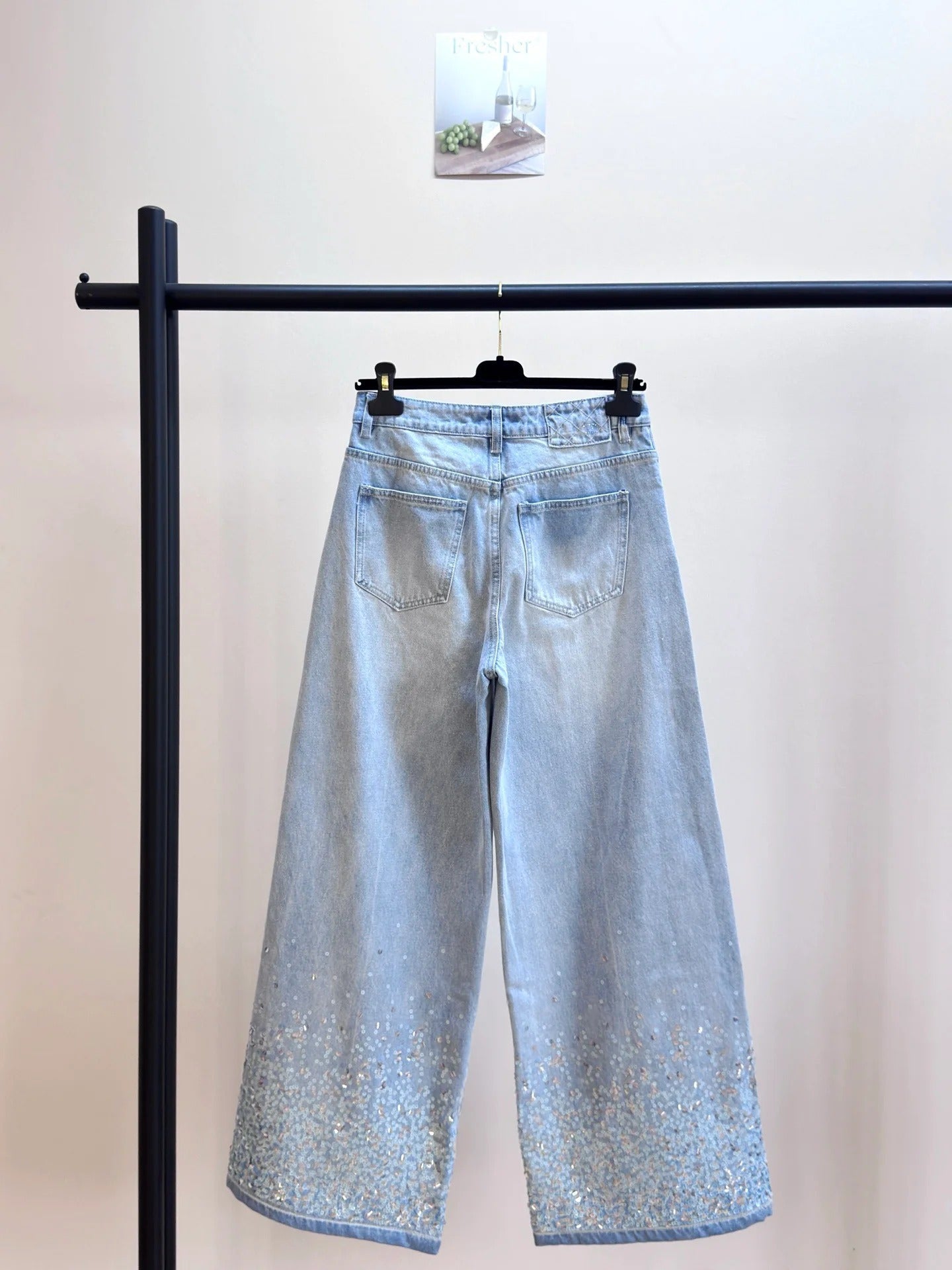 CC 26 Sequined Wide-leg Jeans Light Blue Denim Fabric