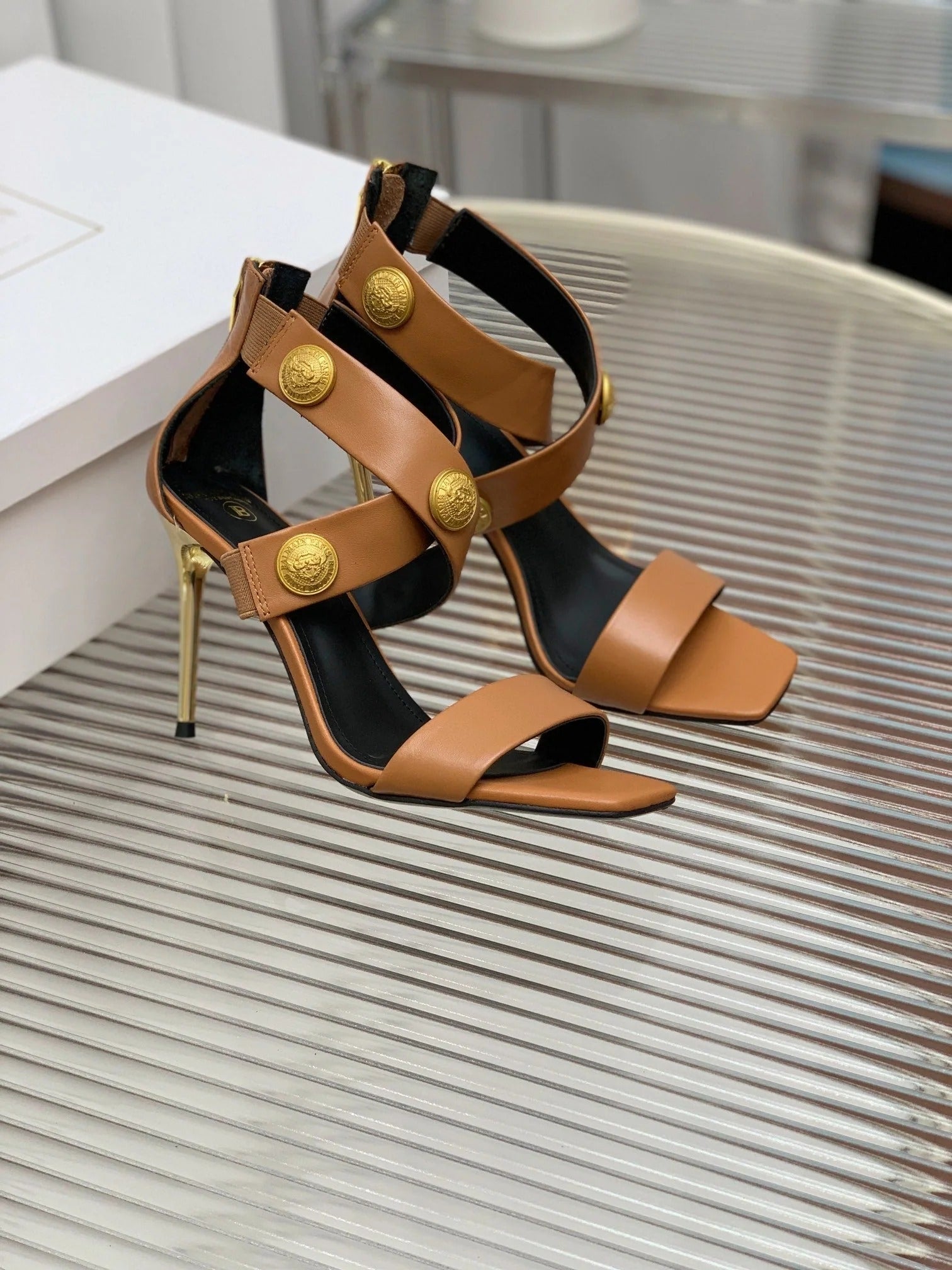 BALMAIN 25S CROSSOVER STRAP HIGH HEELS 95MM IN BROWN CALFSKIN