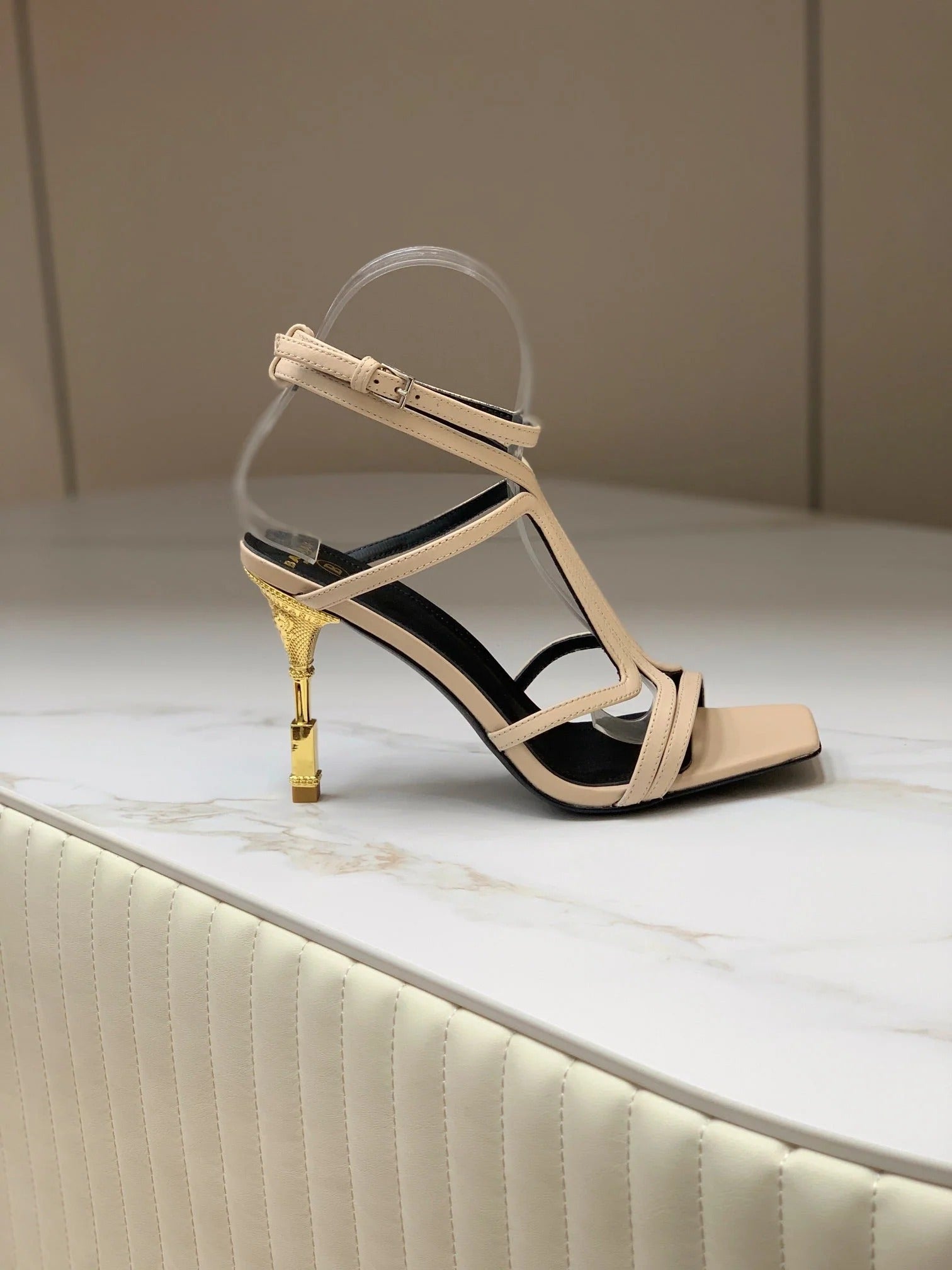 BALMAIN 25S MONETA SANDAL 95MM IN WARM BEIGE CALFSKIN
