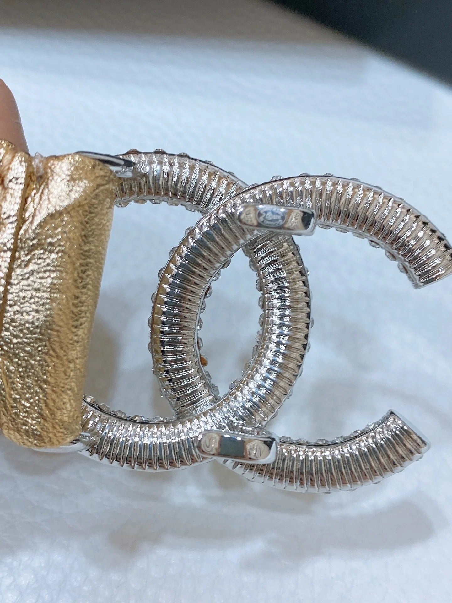 CC ELASTIC BELT 30MM IN GOLD CALFSKIN SILVER HARDWARE WITH RHINSTONES