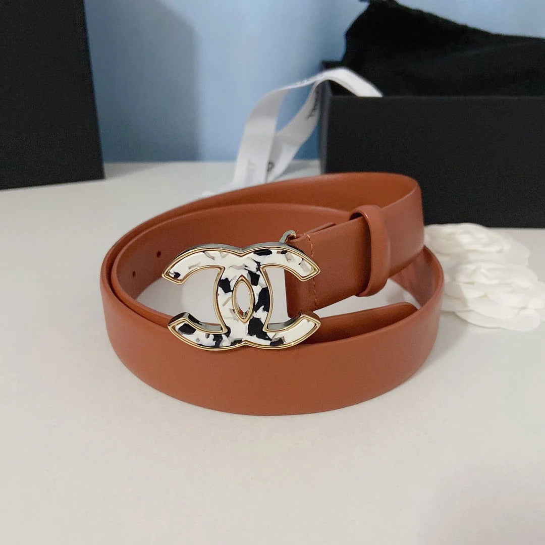 CC Women's Belt 3.0CM Brown Calfskin White Black Buckle 597643
