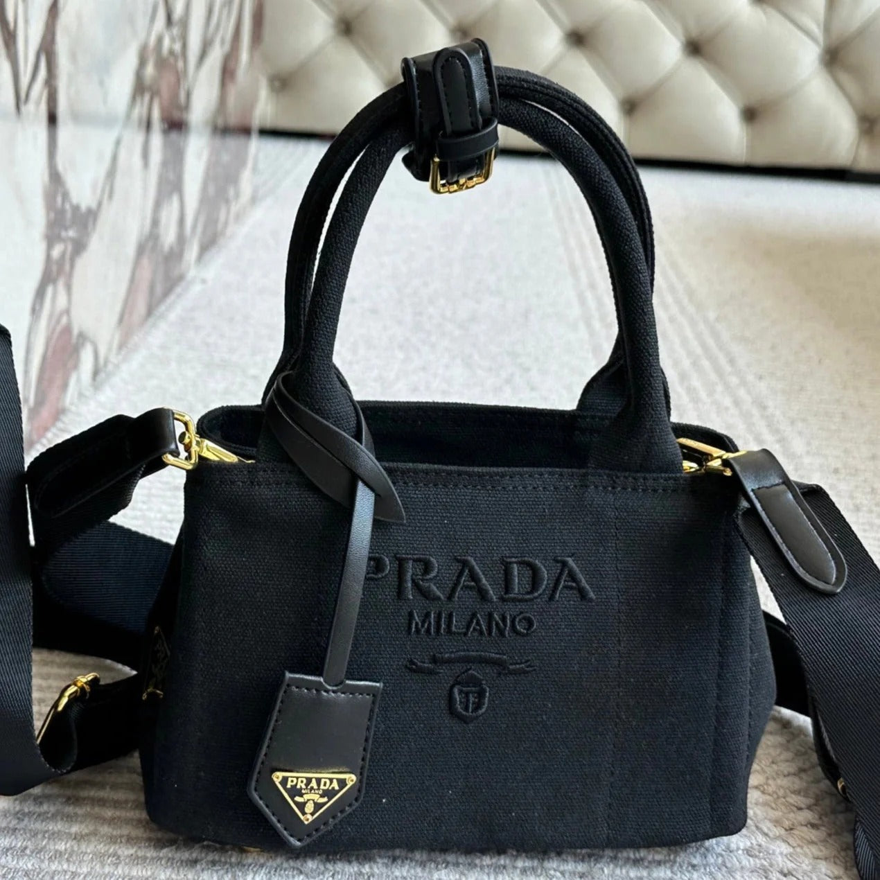 EMBROIDED LOGO SMALL HANDBAG 22 IN BLACK LINEN BLEND