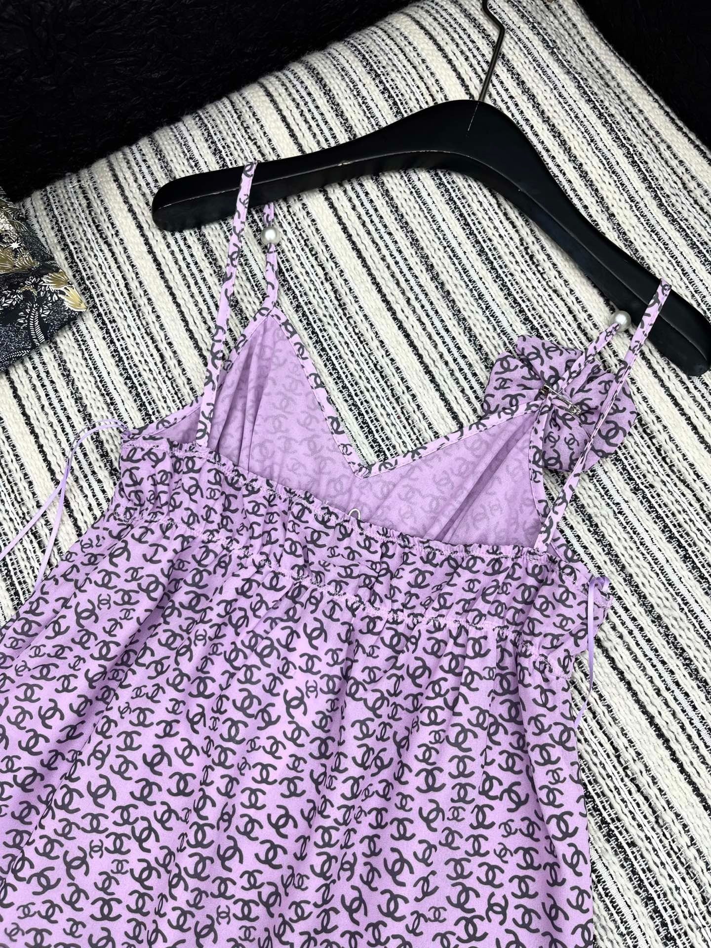 CHANEL PURPLE SILK CAMELLIA DRESS WITH PEARL DETAILS