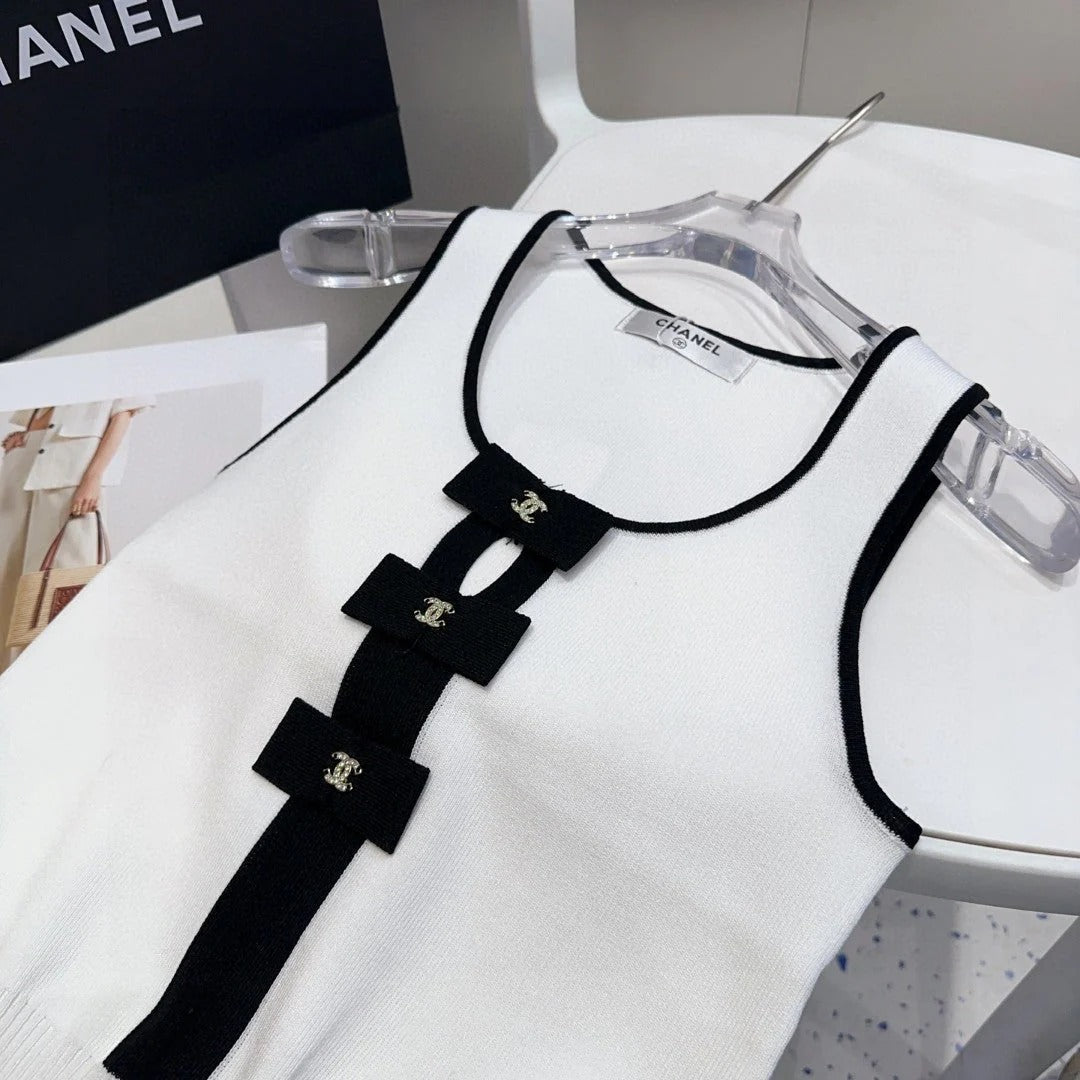TANK TOP 610341 IN WHITE COTTON RIBBED BLACK BOW
