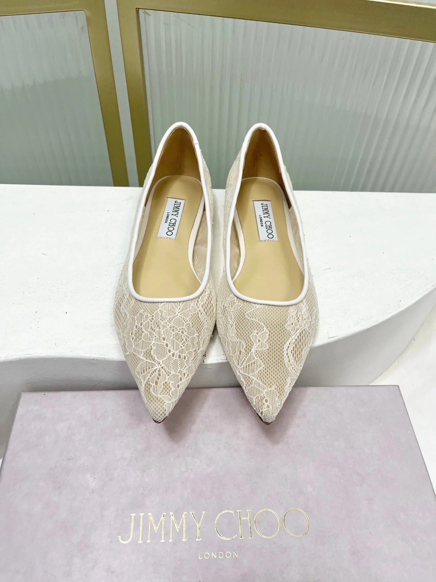 Jimmy 26s Ballet Flats Ivory Beige Lace Sheepskin 605952