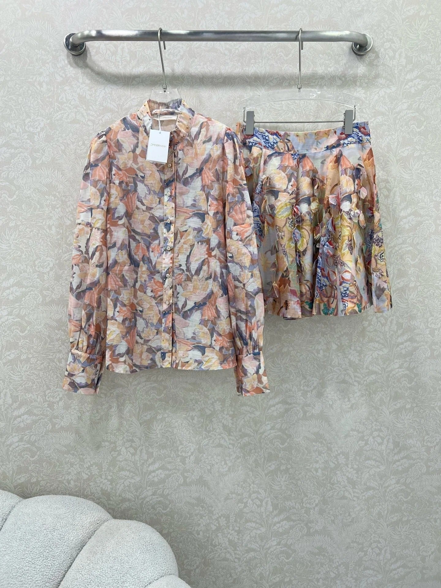 ZIMMER STAND-COLLAR PRINTED STUDDED TOP AND HIGH-WAIST FLARED SKIRT SET
