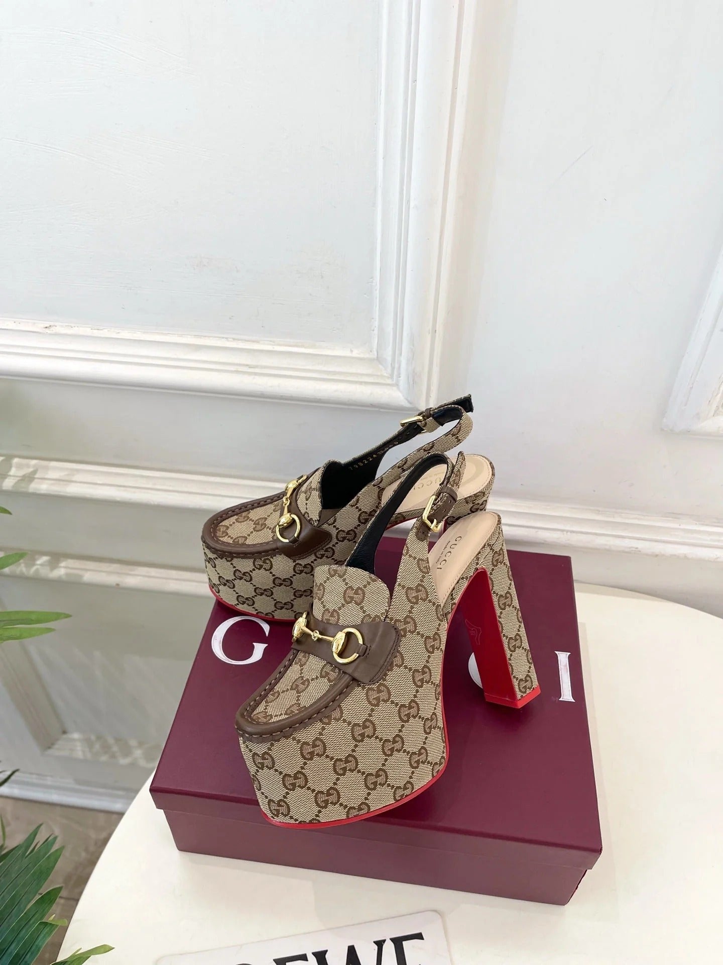 GG 26SS Platform Sandals 130 Beige Brown Monogram Fabric Sheepskin 640267