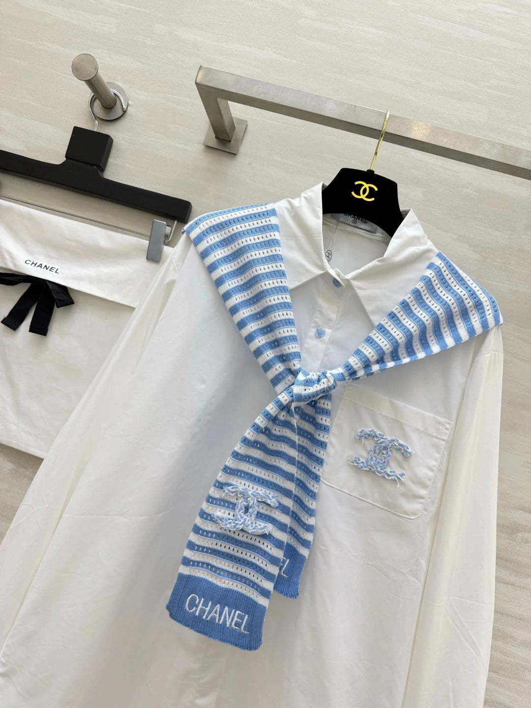 Chanel 2026 White Shirt and Blue Striped Shawl Set Cotton 391161