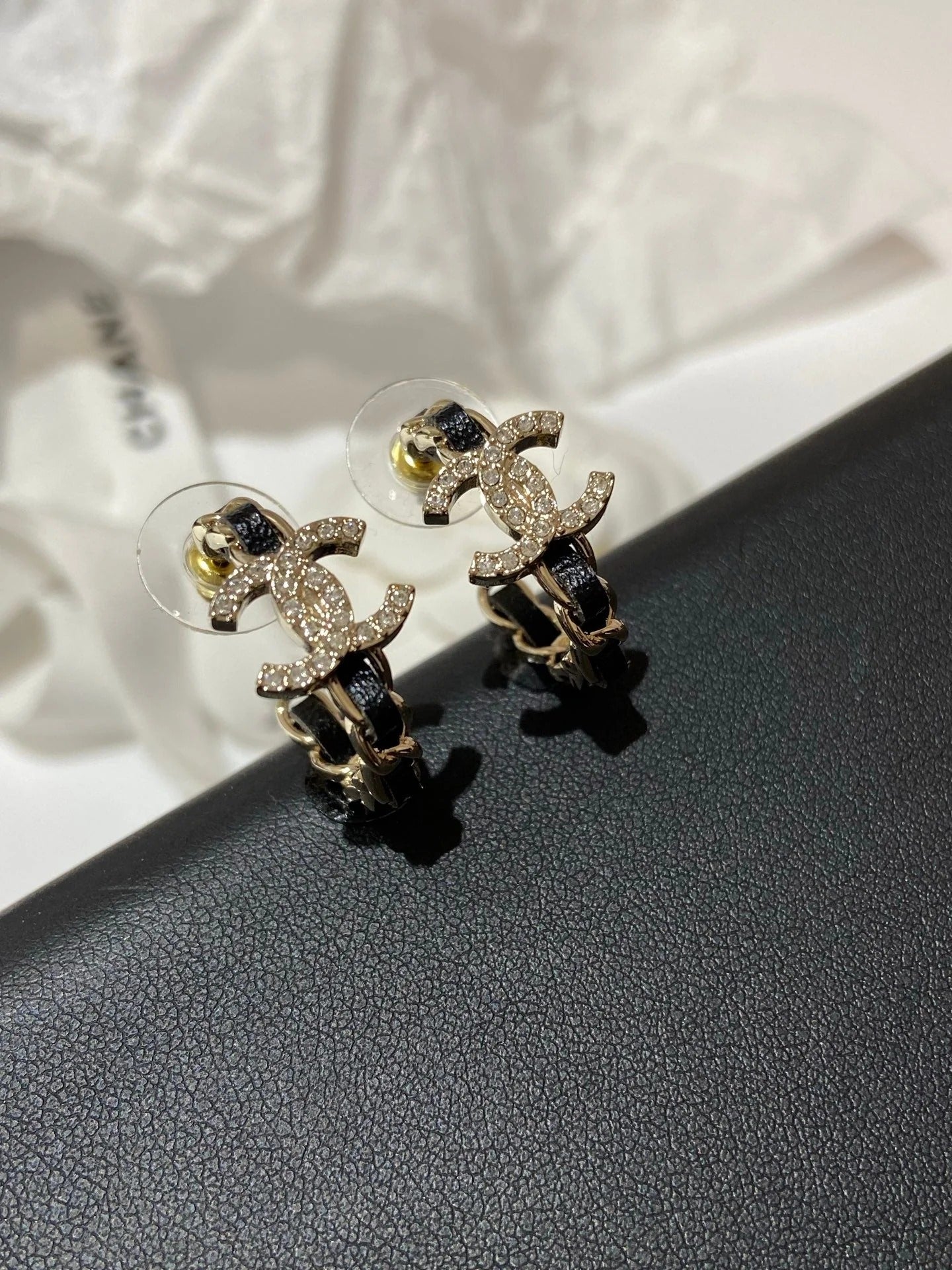 CC Half Circle Gold Black Leather Earrings