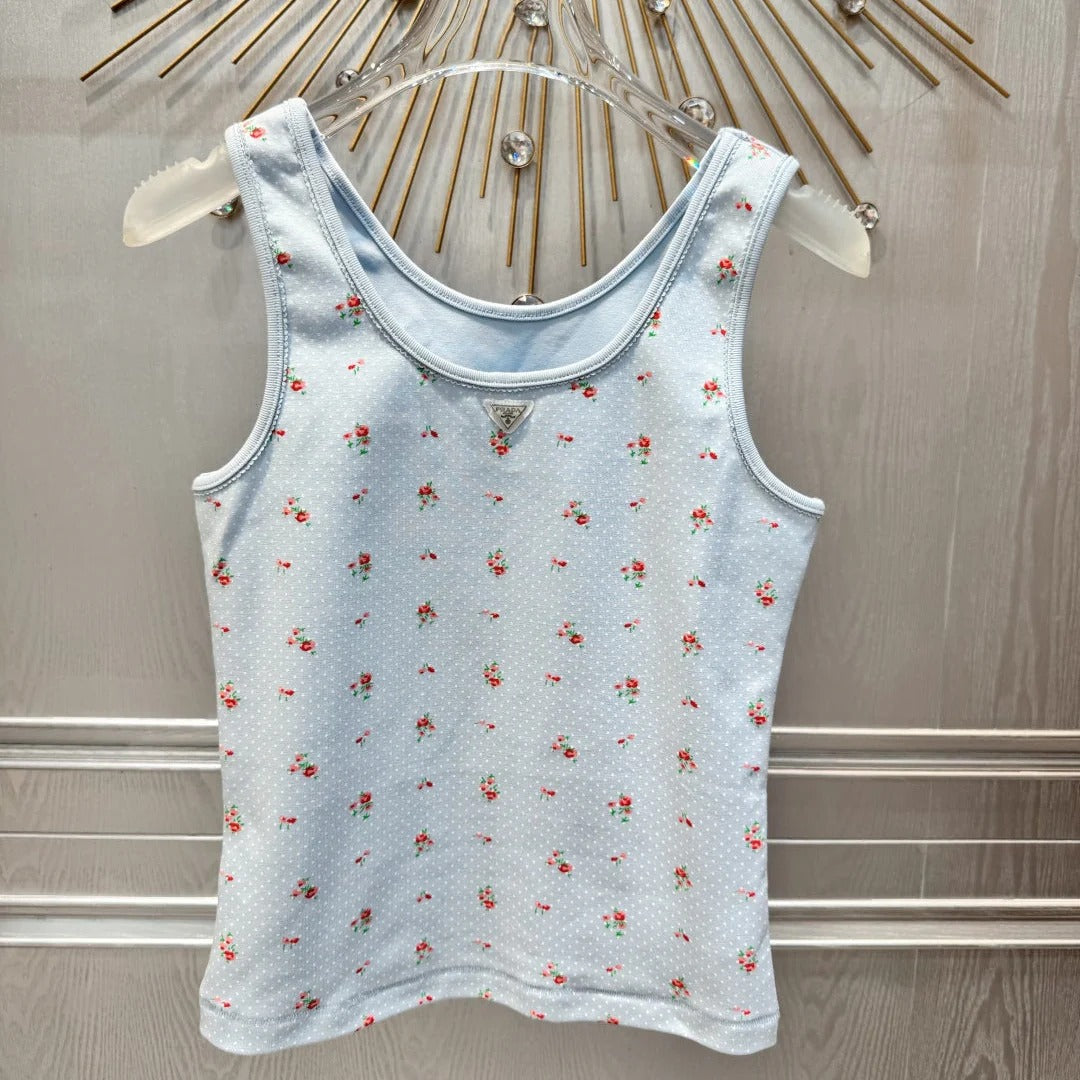 Prada 2026 Floral Print Vest Light Blue Cotton