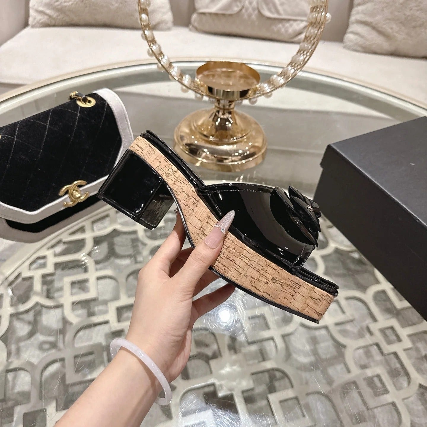 CC 26s Camellia Platform Slippers 65 Black Patent Leather 627044