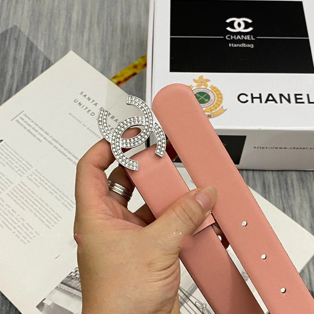 CC Women's Belt 3.0CM Pink Cowhide Sliver Diamond Buckle 586516