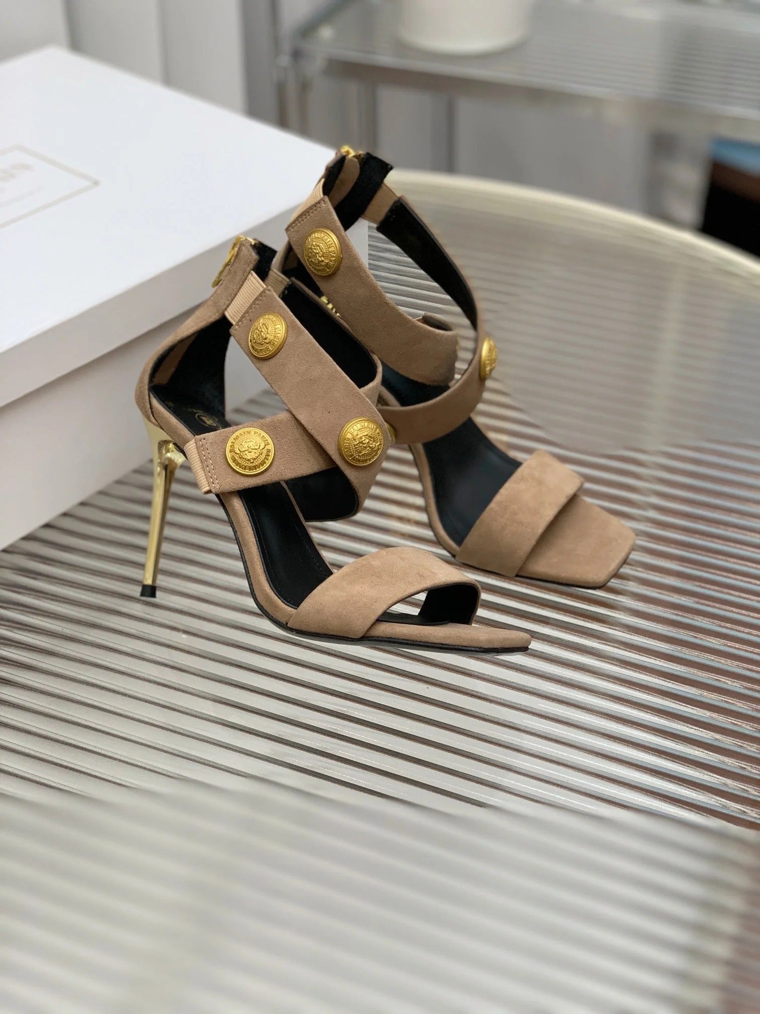 BALMAIN 25S CROSSOVER STRAP HIGH HEELS 95MM IN LIGHT BROWN SUEDE