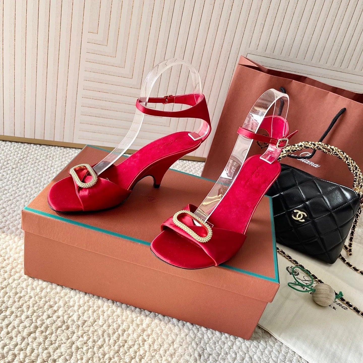 HIGH HEELS SANDALS 80 MM IN RED SATIN MIX SUEDE