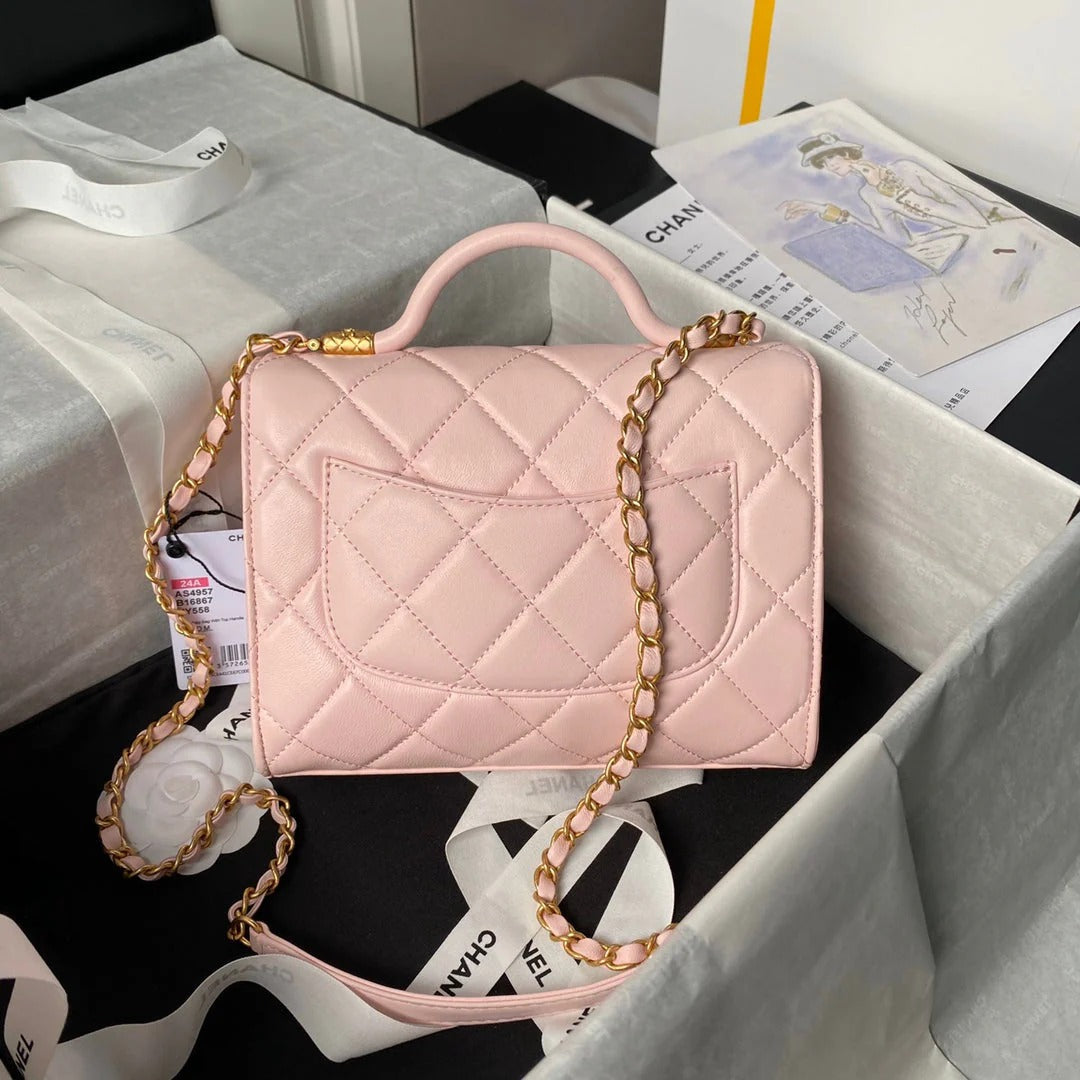 CC  25S FLAP BAG 21 CM IN LIGHT PINK LAMBSKIN WITH TOP HANDLE