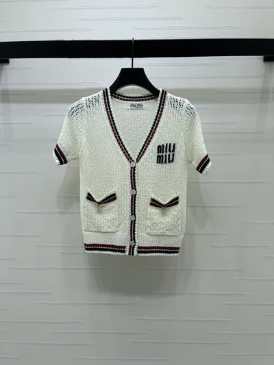 Miumiu 2026 Hollow V-neckline Cardigan Black White Pink Wool