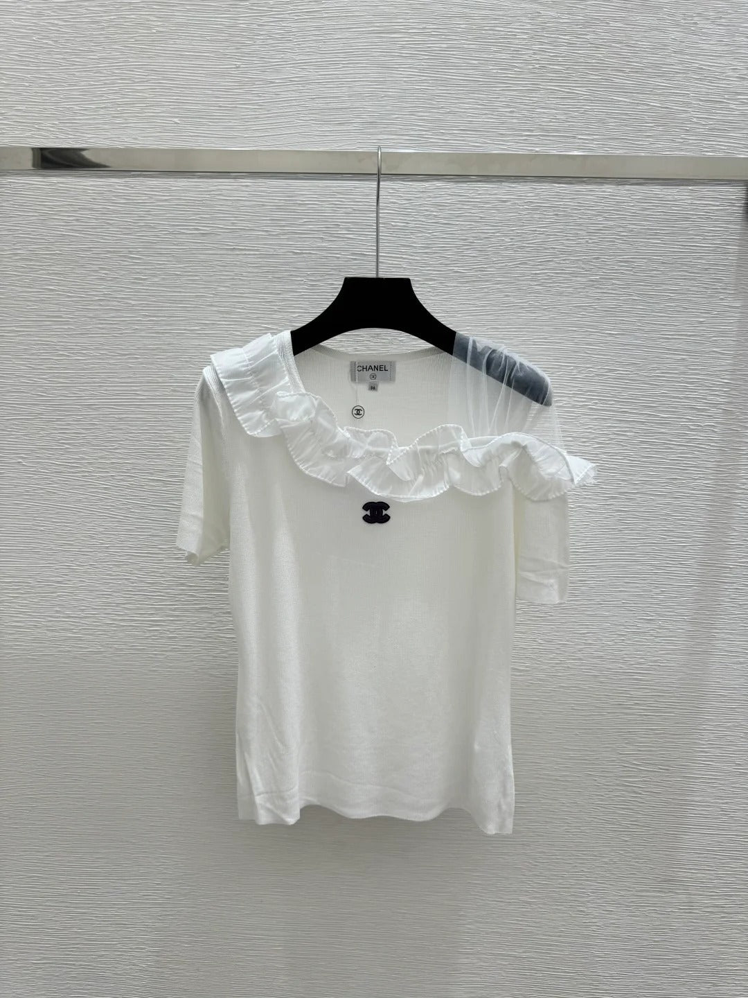 Chanel 2026 Ruffled Neckline Knit Top Black White Wool Nylon