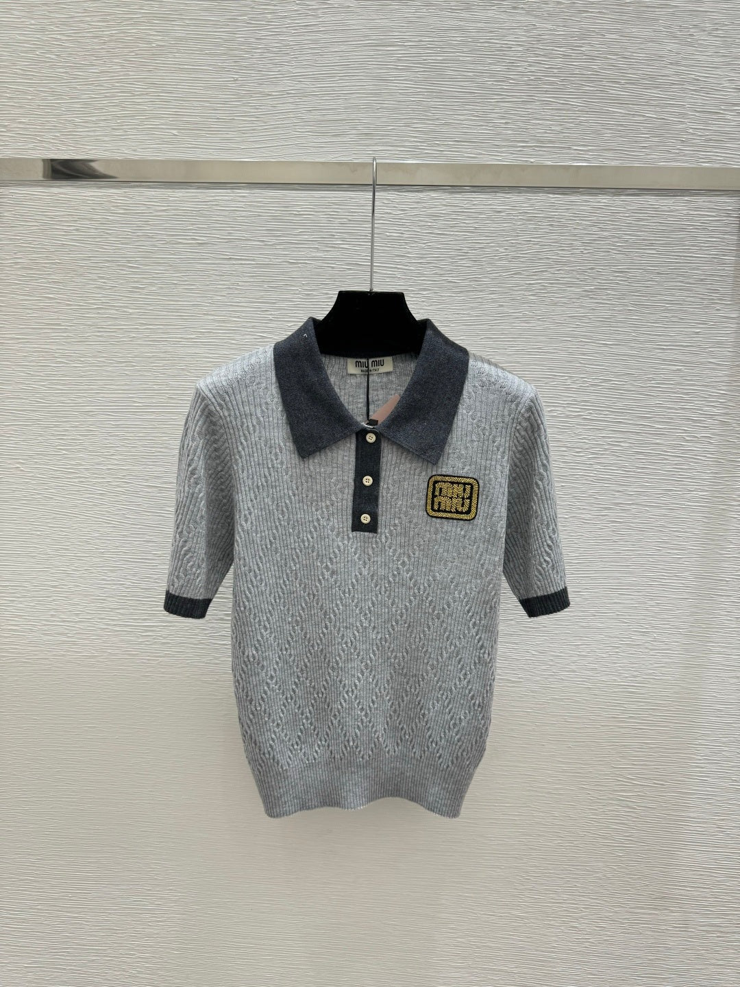 Miumiu 2026 Short-sleeved Knit Polo Shirt Beige and Gray Wool