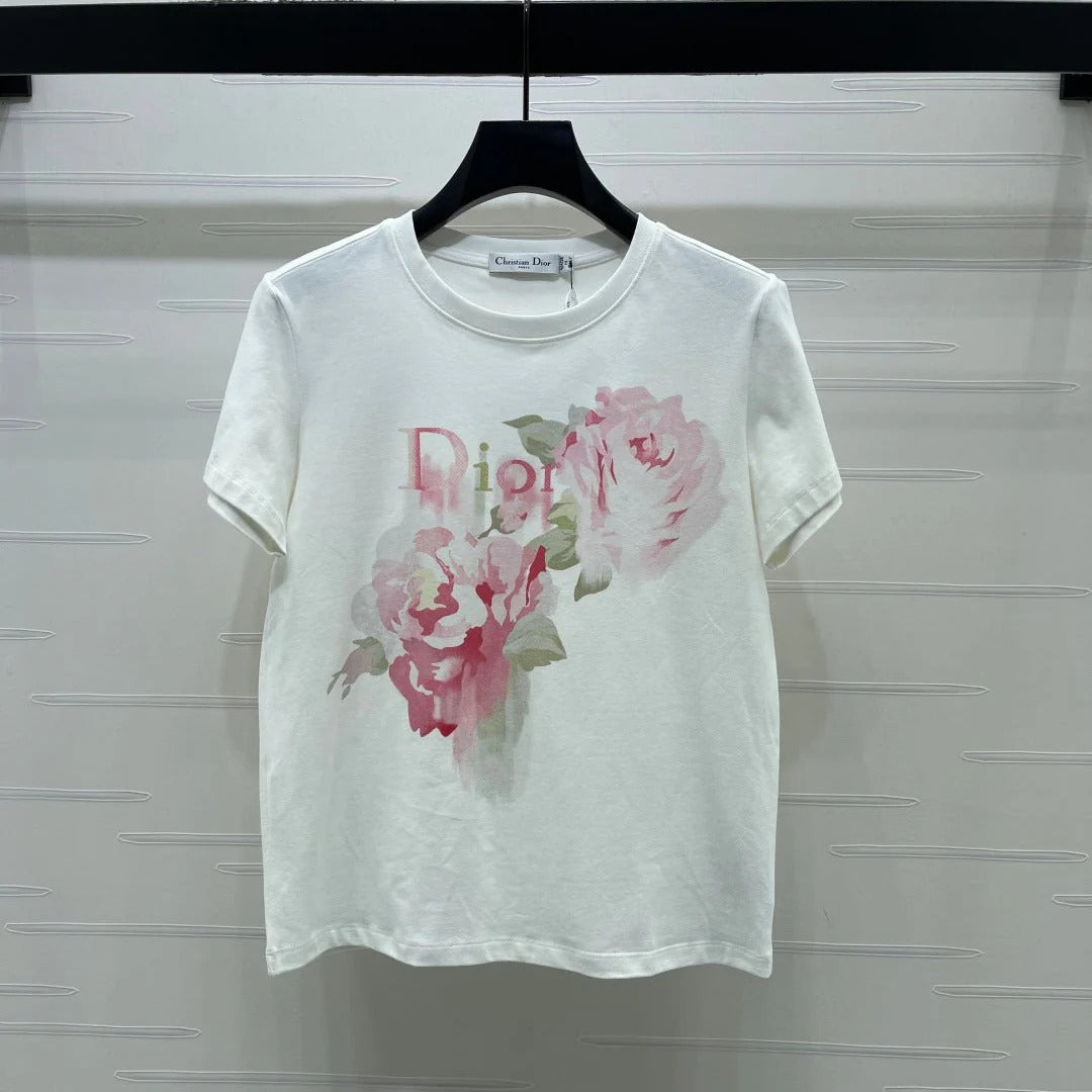 Dior 2026 Painted Rose T-shirt White Pink Cotton