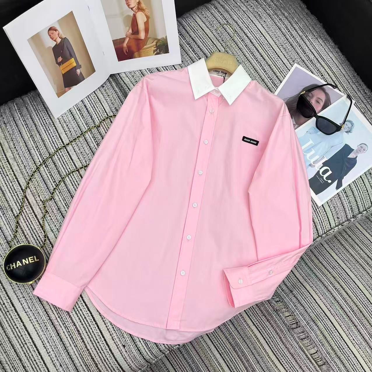 Miu Miu 2026 Long-sleeved Shirt Pink White Cotton