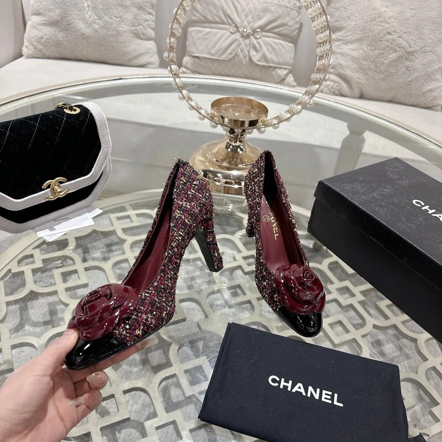 CC 26s High Heels Pump 85 Burgundy Colorful Wool Fabric 627013