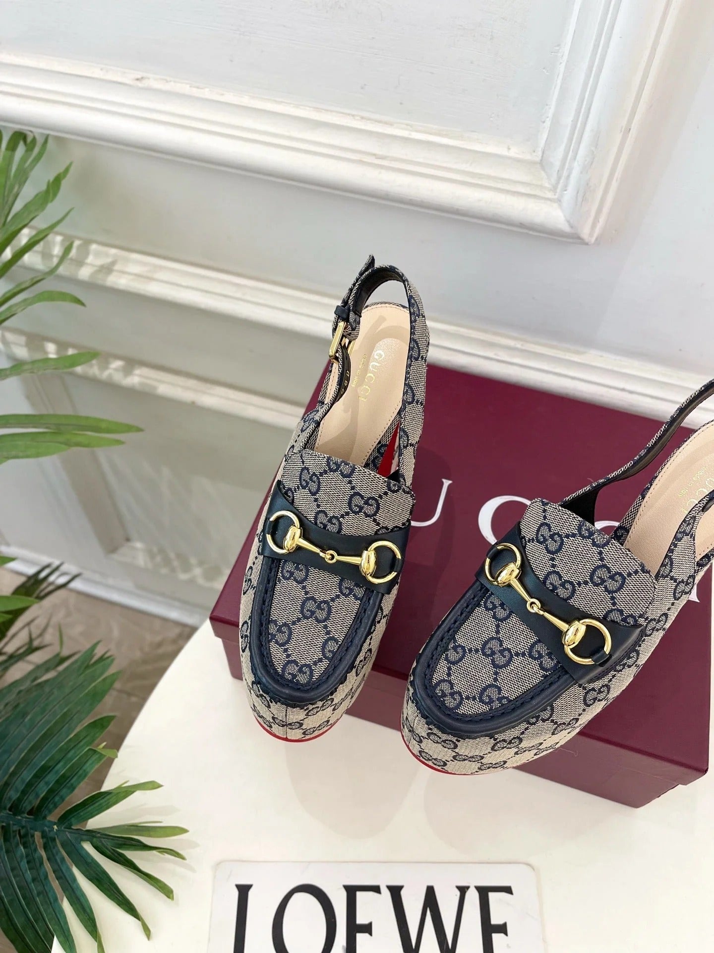 GG 26SS Platform Sandals 130 Gray Blue Monogram Fabric Sheepskin 640266