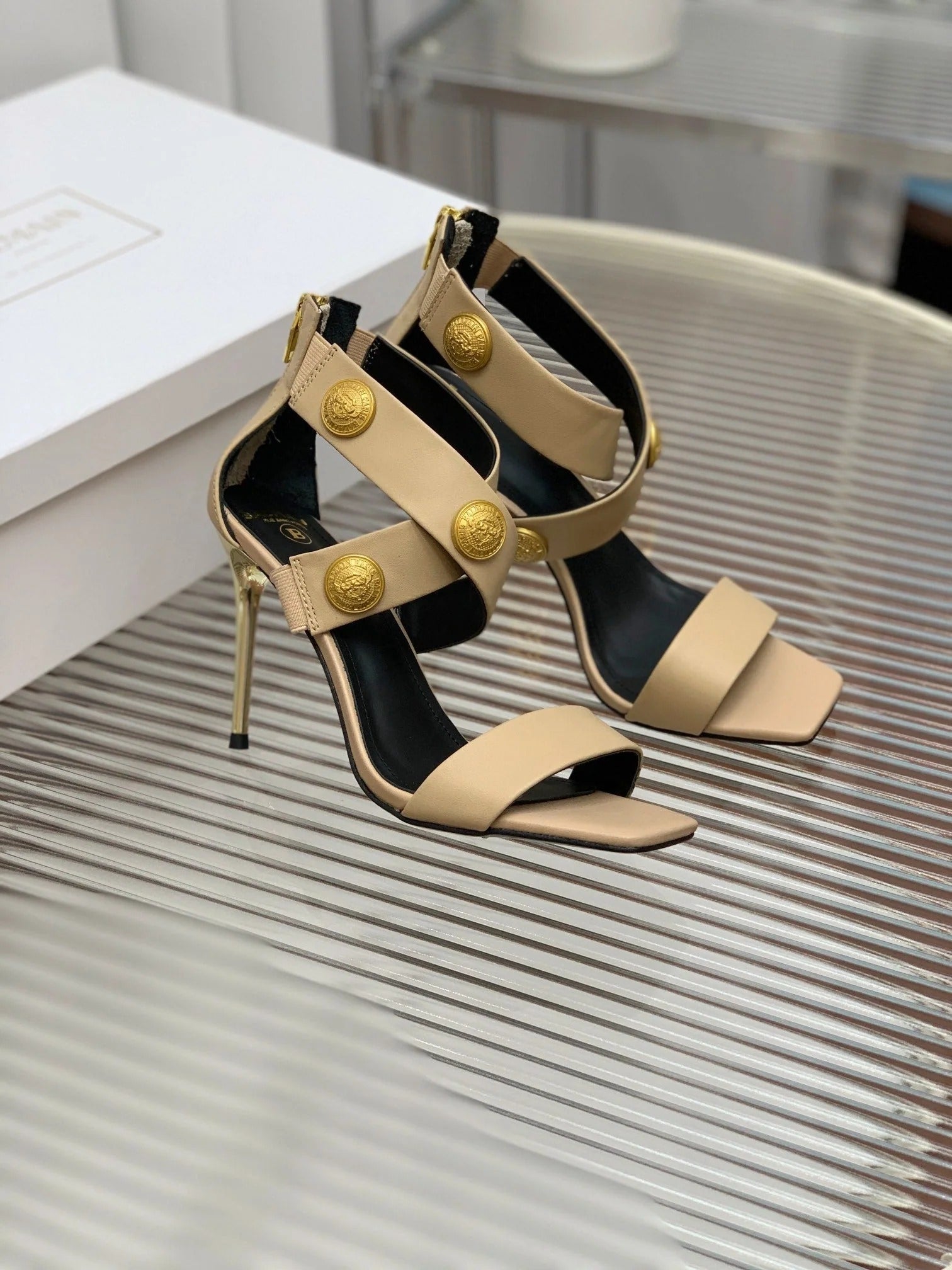 BALMAIN 25S CROSSOVER STRAP HIGH HEELS 95MM IN LIGHT BROWN CALFSKIN