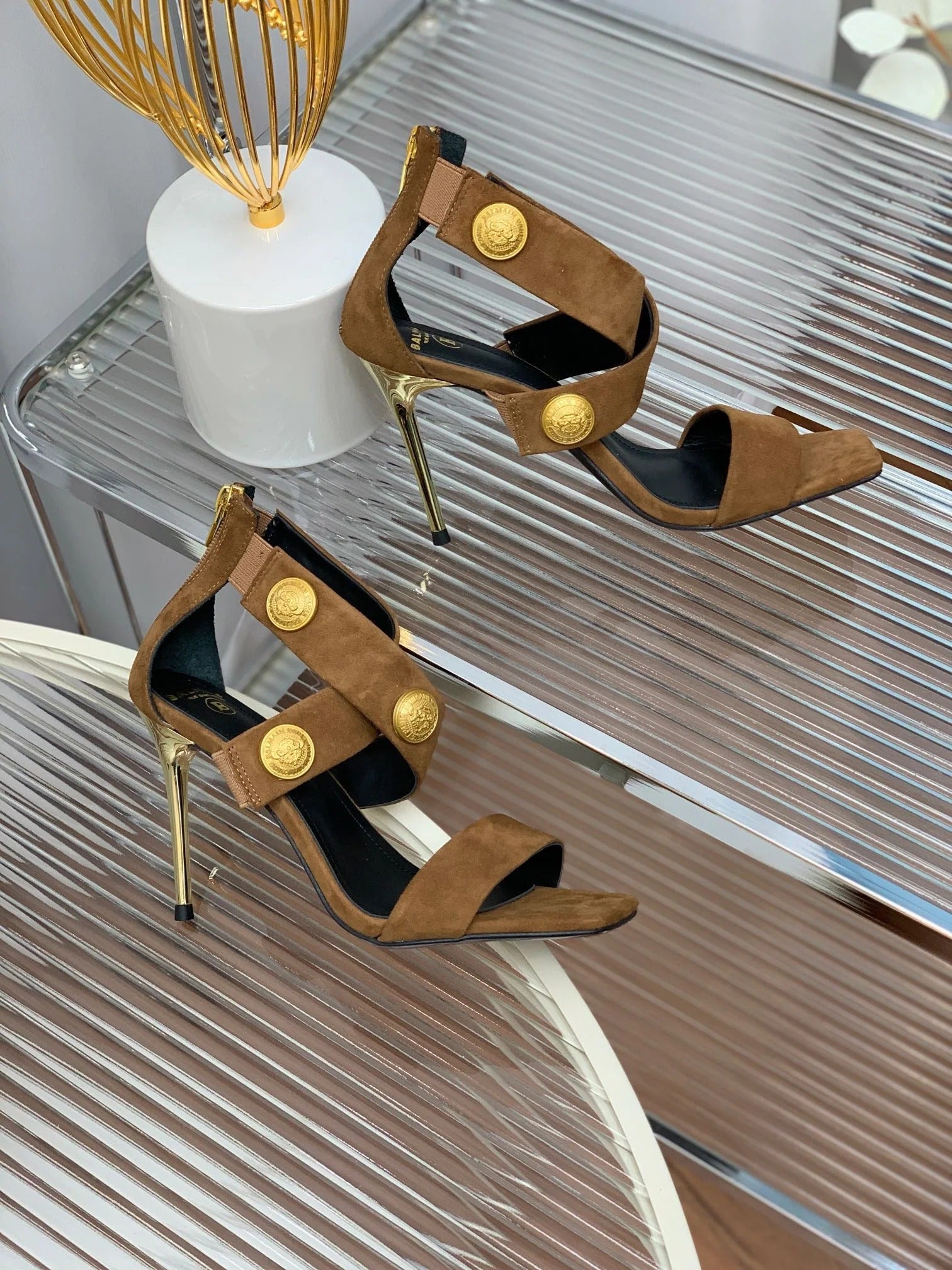 BALMAIN 25S CROSSOVER STRAP HIGH HEELS 95MM IN BROWN SUEDE