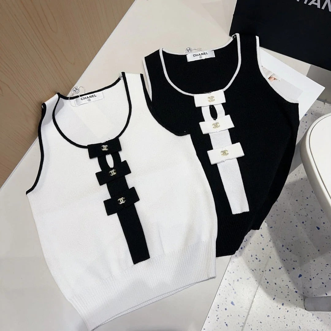 TANK TOP 610340 IN BLACK COTTON RIBBED WHITE BOW