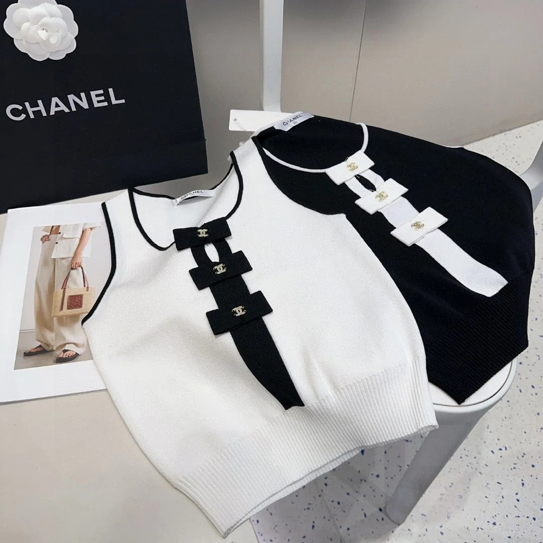 TANK TOP 610341 IN WHITE COTTON RIBBED BLACK BOW