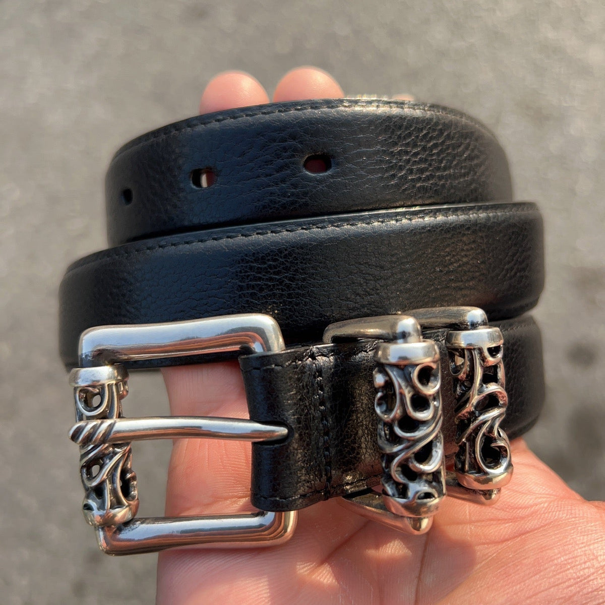 CH Roller Buckle Belt 3.0cm Black Oil-Waxed Cowhide Leathers 203185